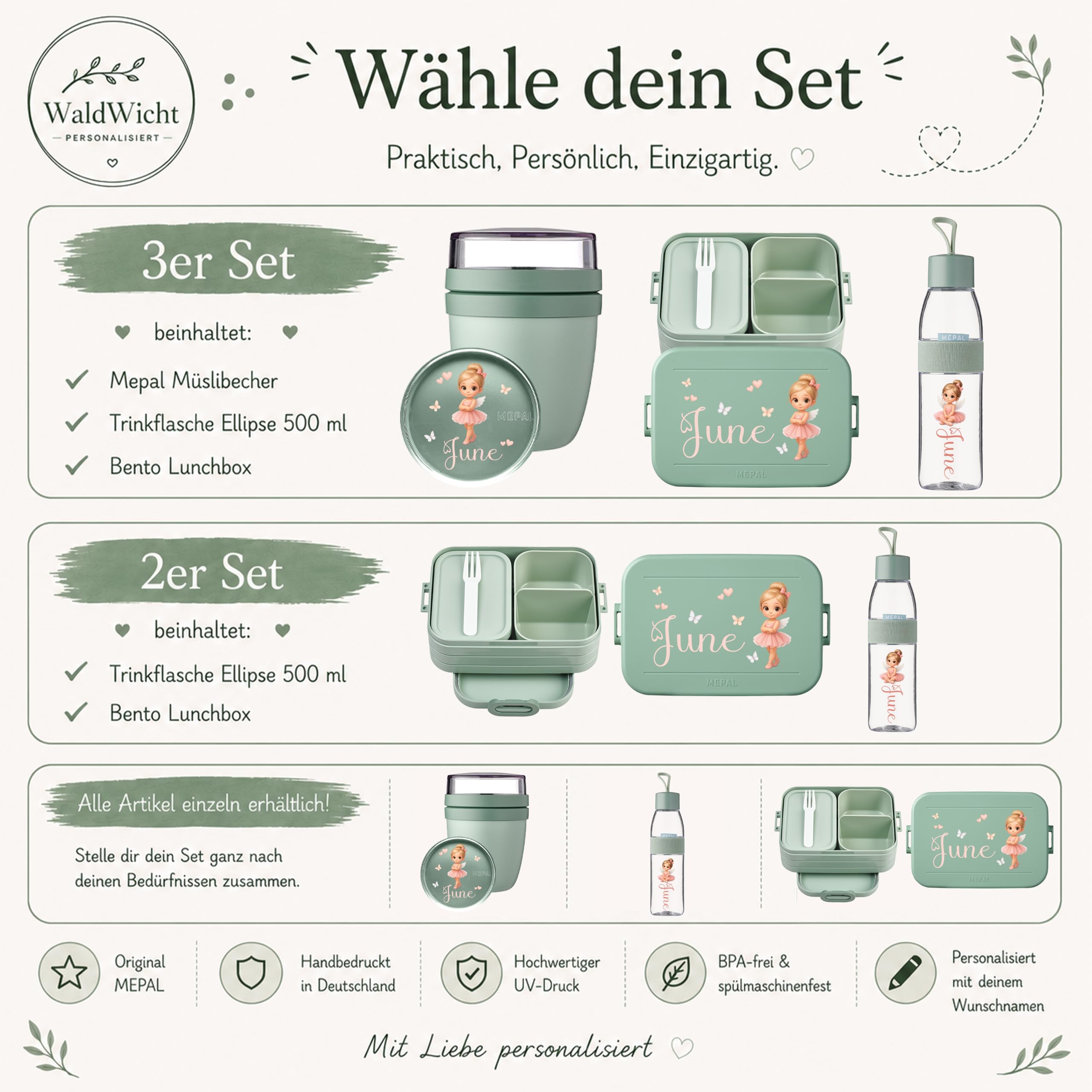 Mepal Personalisierte Brotdose Trinkflasche | Tanzen Ballerina Engel Motiv