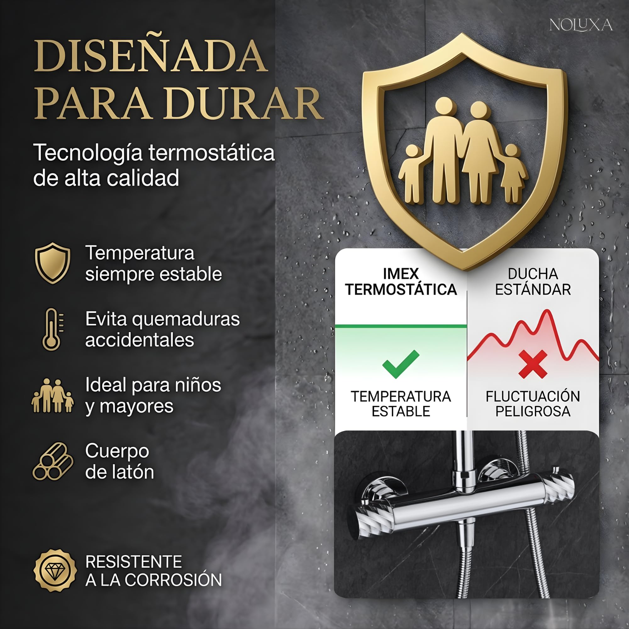 IMEX - Columna Ducha Termostatica con Grifo | Conjunto de Ducha con Alcachofa y Rociador Antical Efecto Lluvia | Griferia en Latón y Acero Inox S.304 con Barra Extensible | Serie Bless | Color Cromado
