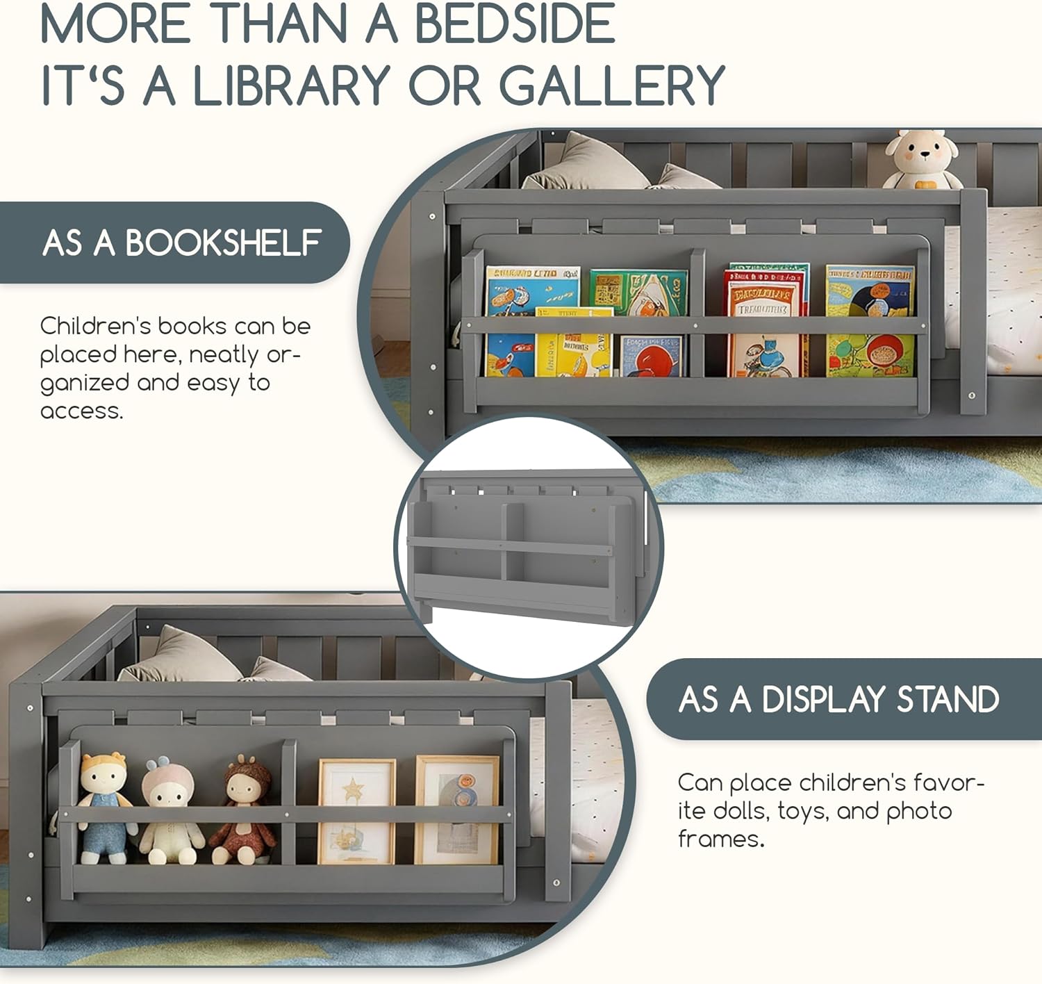 Bellemave Twin Floor Bed Frame with Fence & Bookshelf, Solid Pine Wood Twin Montessori Floor Bed with Slats Load 300LBS, Low Profile Floor Bed for Kids, Bedroom, Nursery, Easy Assembly, Grey