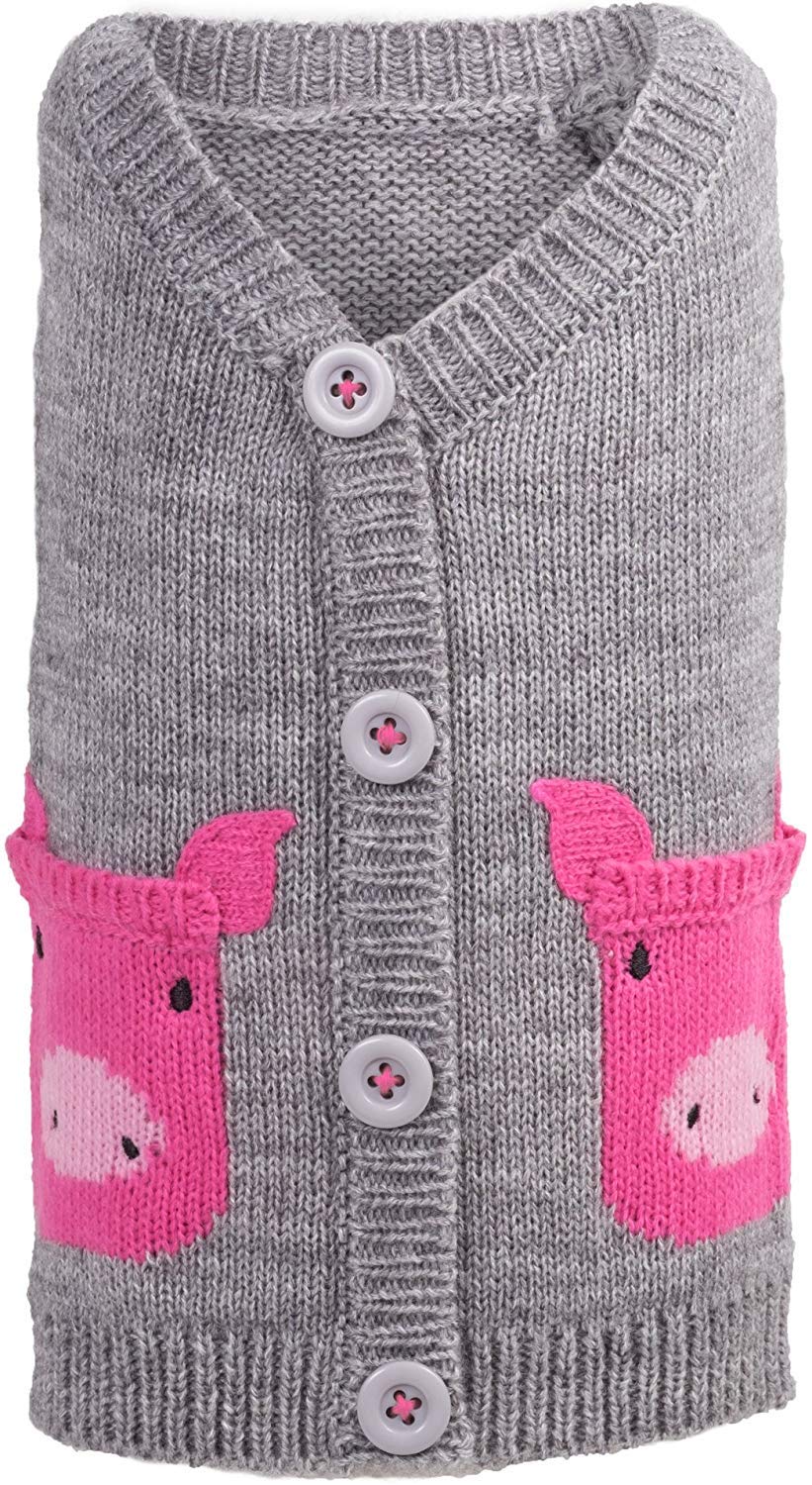 The Worthy Dog Pig Pullover Cardigan Sweater, with Faux Pockets, Warm Knitwear Winter Clothes for Pets, Cold Weather Outfits for Dogs, Fits XS Size Dogs, Gray