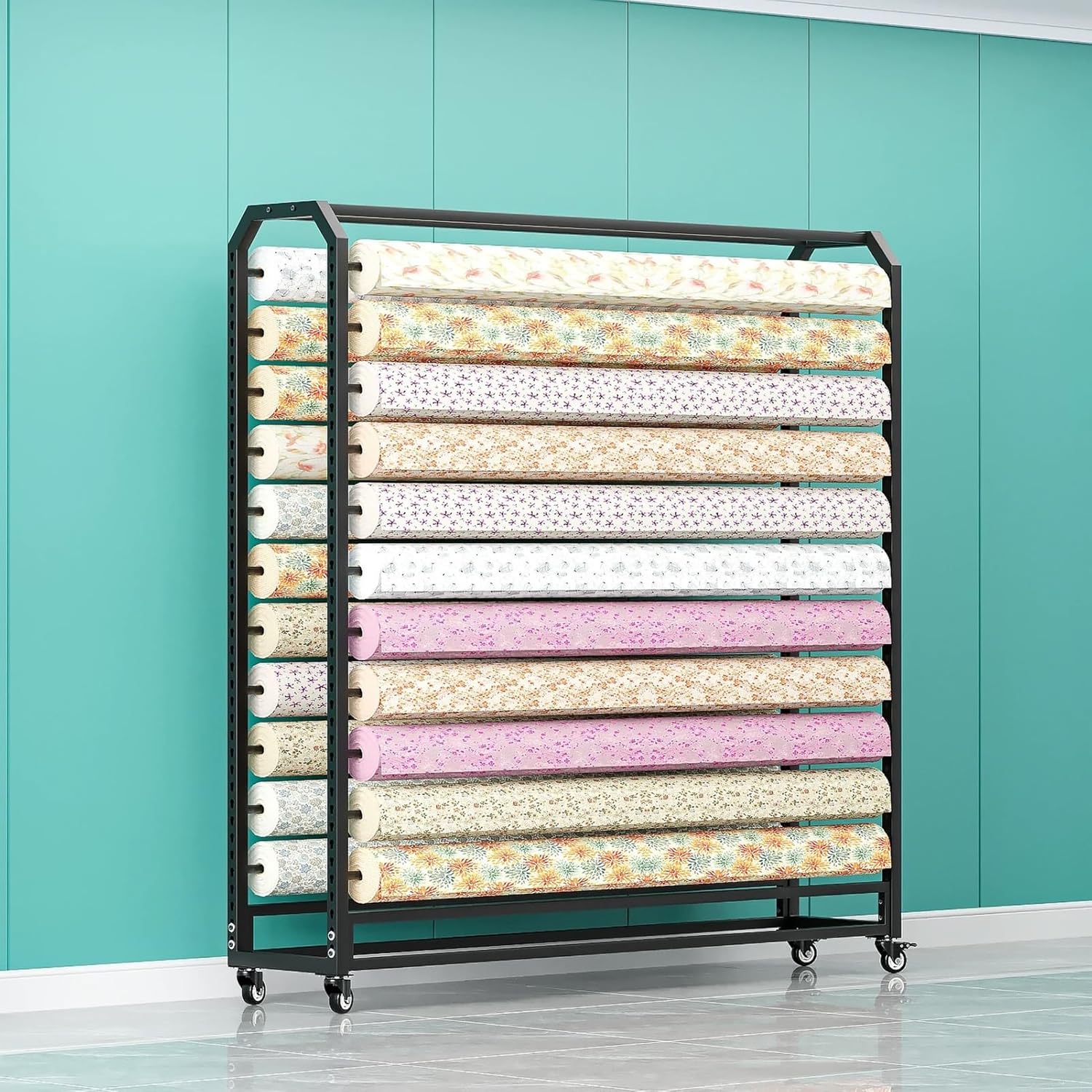 Heavy Duty Fabric Roll Display Rack - Adjustable Steel Shelf for Vinyl Spool, Car Wrap Film, Tablecloth, and Wrapper Rolls - 14 Rods, 145cm Long, Perfect for Organizing