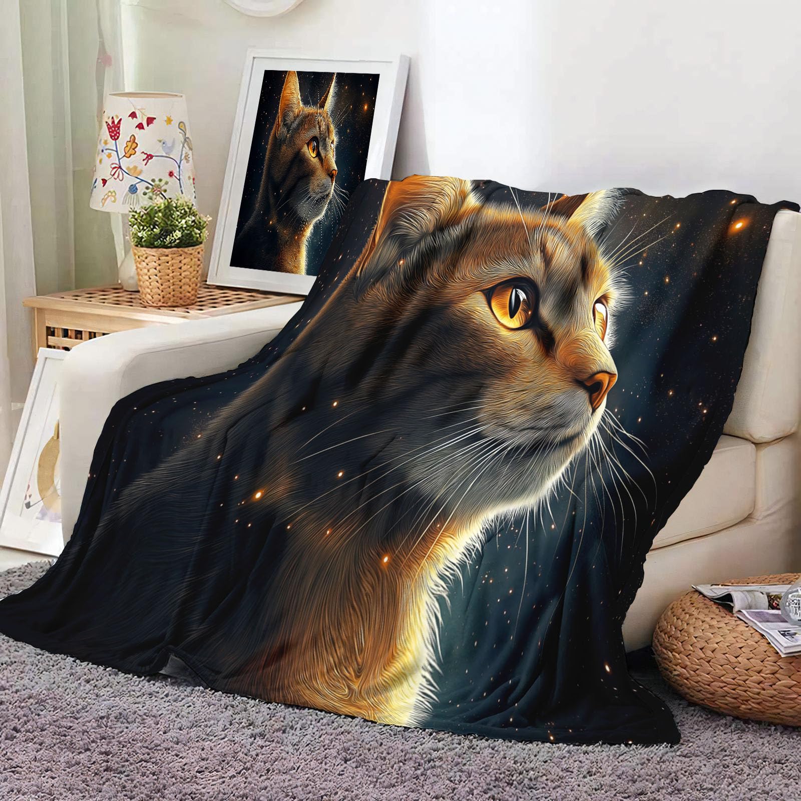 Plaid espace chat en microfibre douce pour soirées cinéma sur le canapé