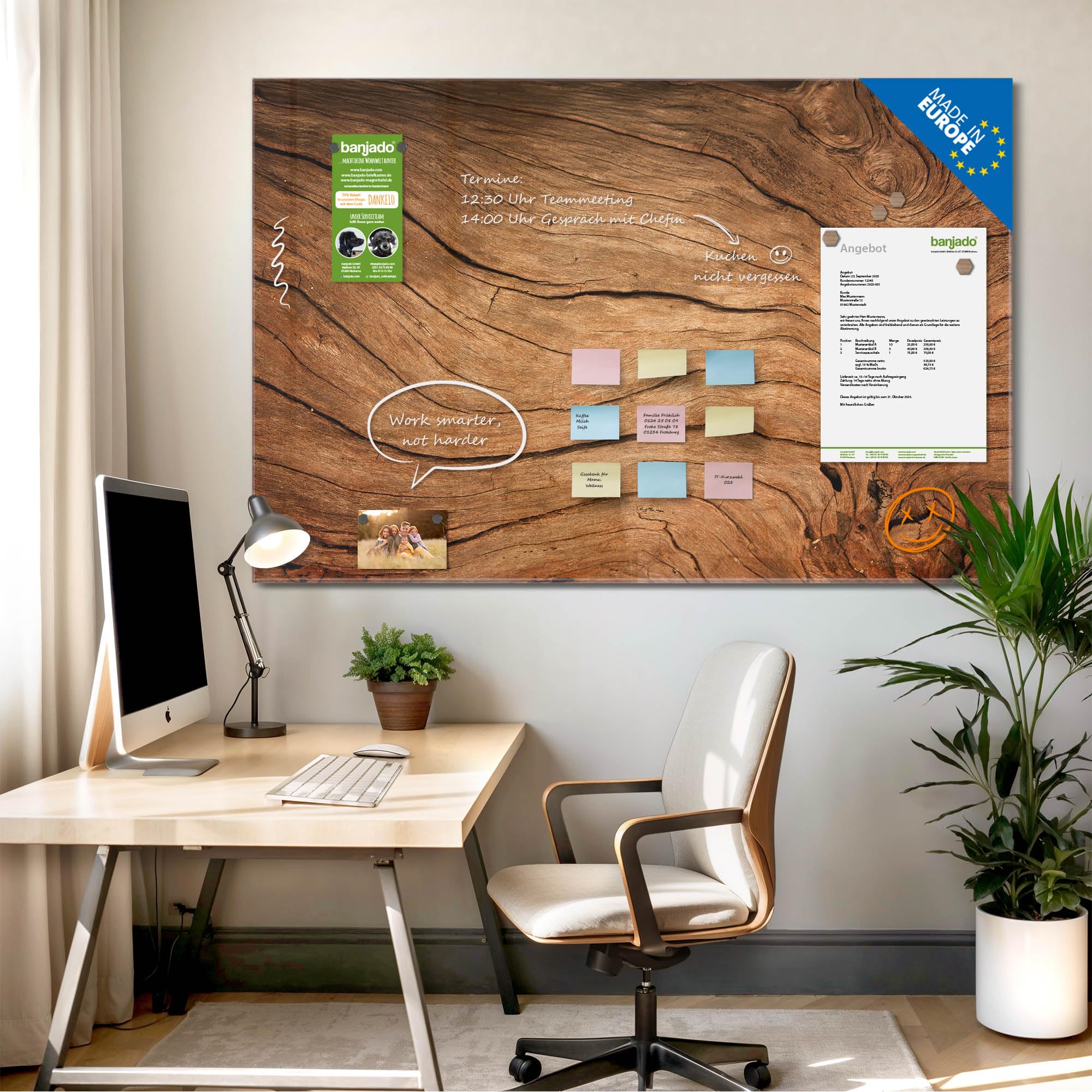 banjado Glas-Magnettafel in 60x40cm für Notizen in Holzoptik