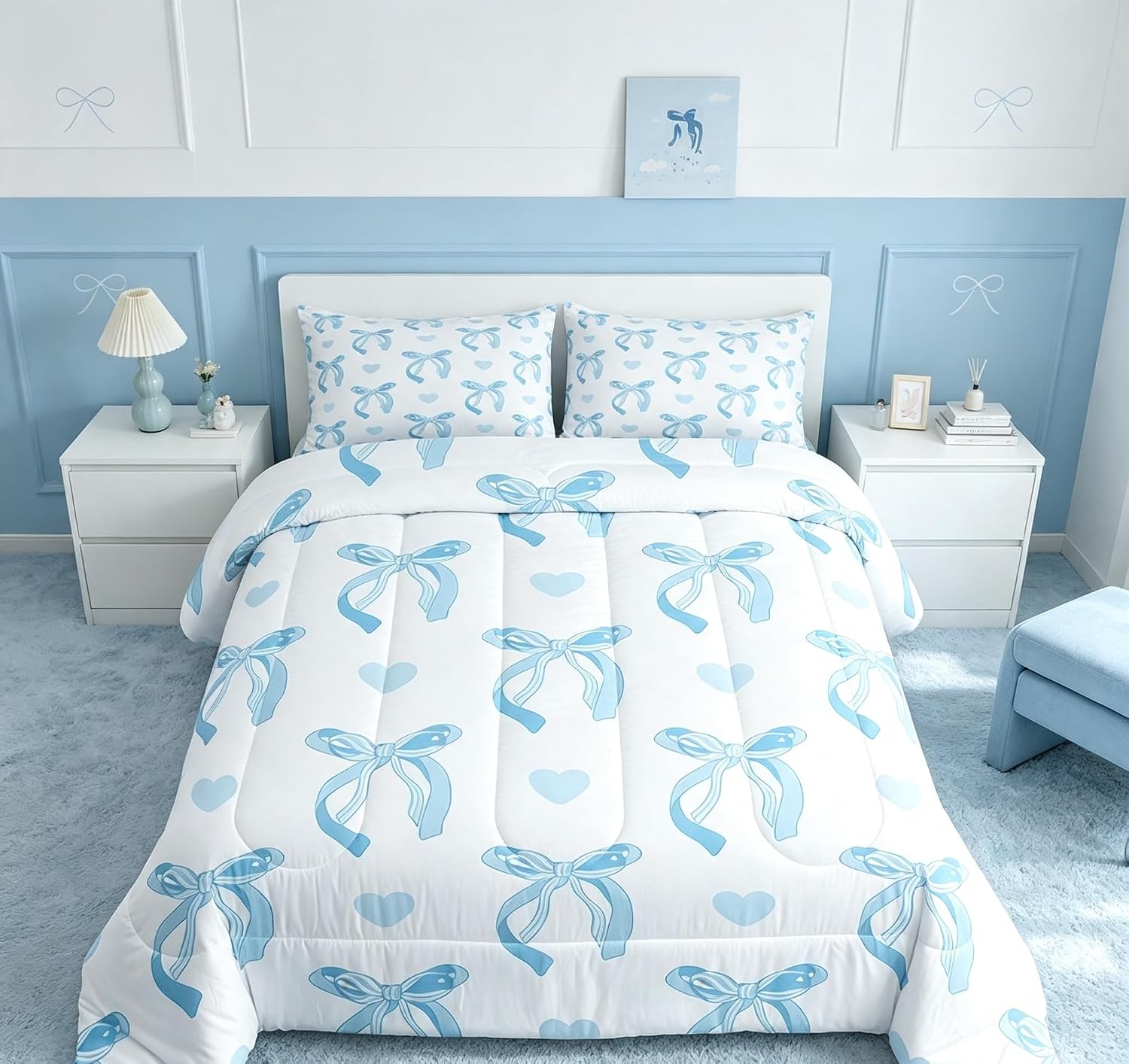 jejeloiu Cute Blue Bow Bedding Set Twin Size Ribbon Bow Comforter Set for Kids Women Cartoon Love Heart Duvet Set Blue White Quilt Set 2Pcs