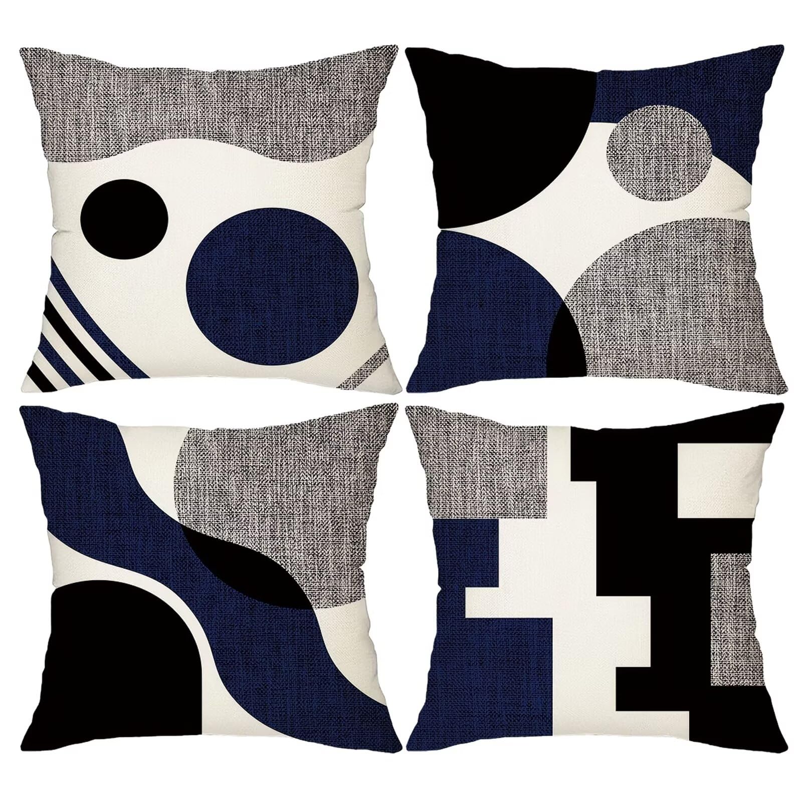 Juego de 4 Fundas de Cojín de Lino 55x55 cm, Negro Azul Gris Fundas de Almohada Decorativas Modernas, Funda de Cojín Sofa Cuadrados para Exterior, Jardín, Patio y Salón
