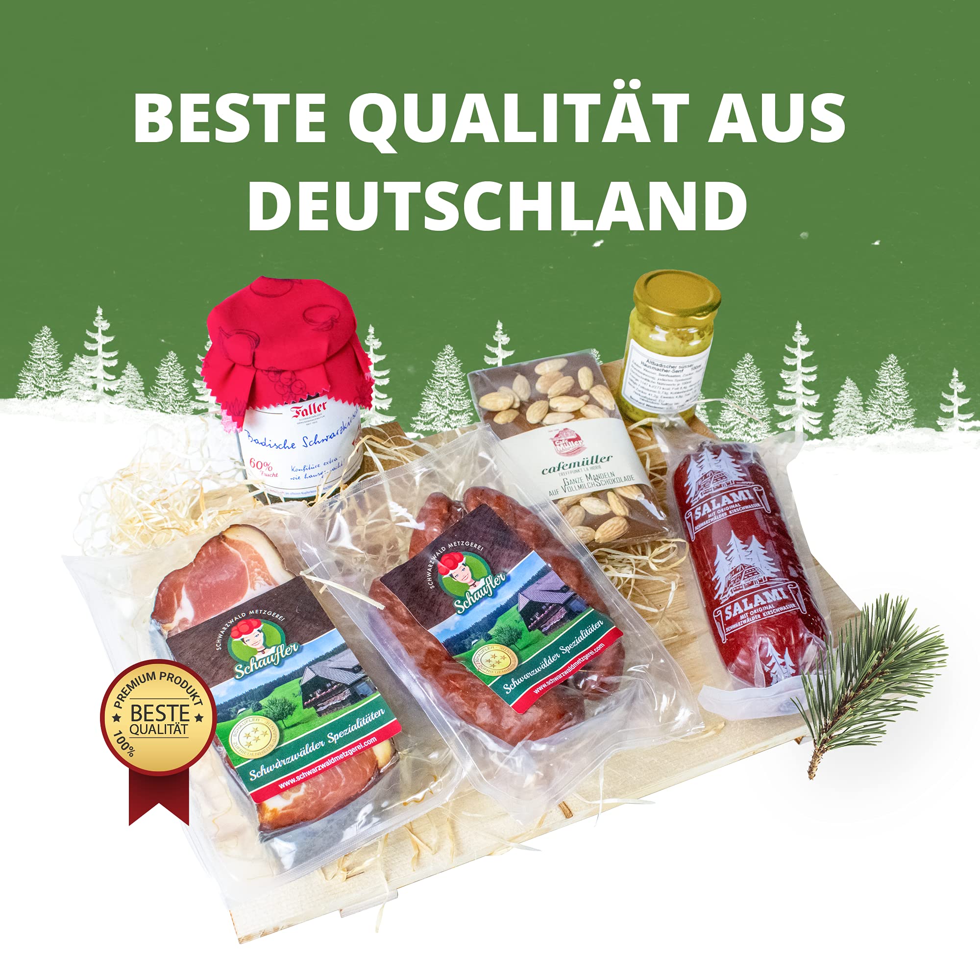 Schwarzwald Metzgerei "MARIE" Präsentkorb - Süss, salzig, würzig - Zusammenstellung mit Würsten, Marmelade, Senf, Schokolade, Schinken und Salami - 6 teilig