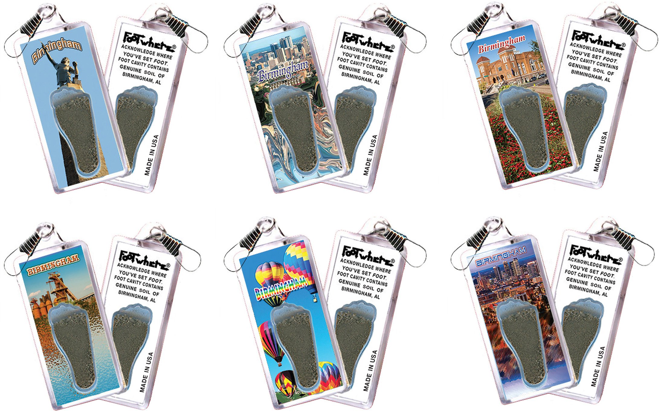 Birmingham, AL FootWhere® Souvenir Zipper-Pulls. 6 Piece Set. Made in USA