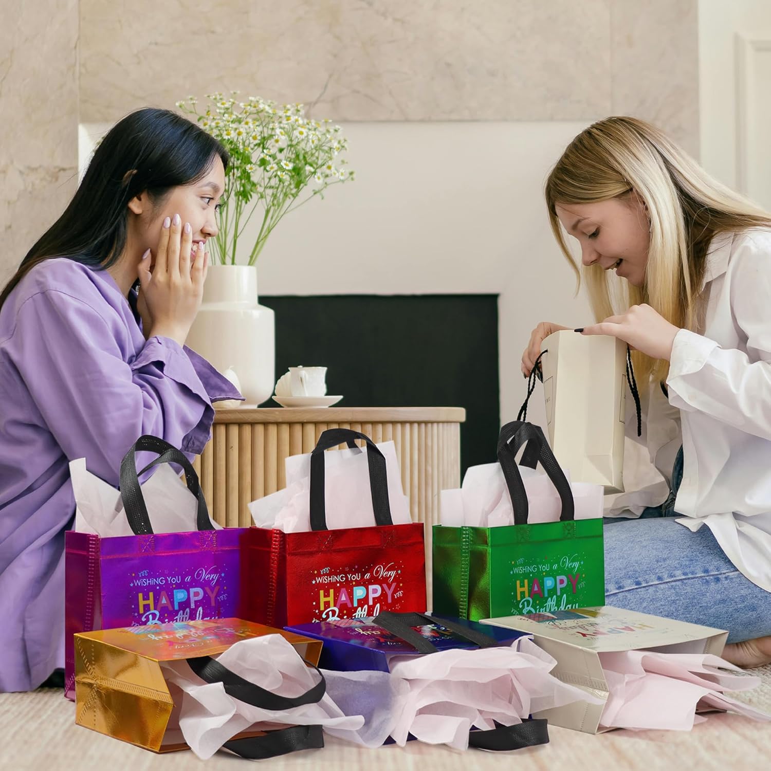 huichuan Multicolor Small Birthday Gift Bags with Funny Gift Design, 12 Pcs Lightweight Birthday Bags for Party & Favor Wrapping (8x3.9x8 Inches, 6 Colors) - Image 7