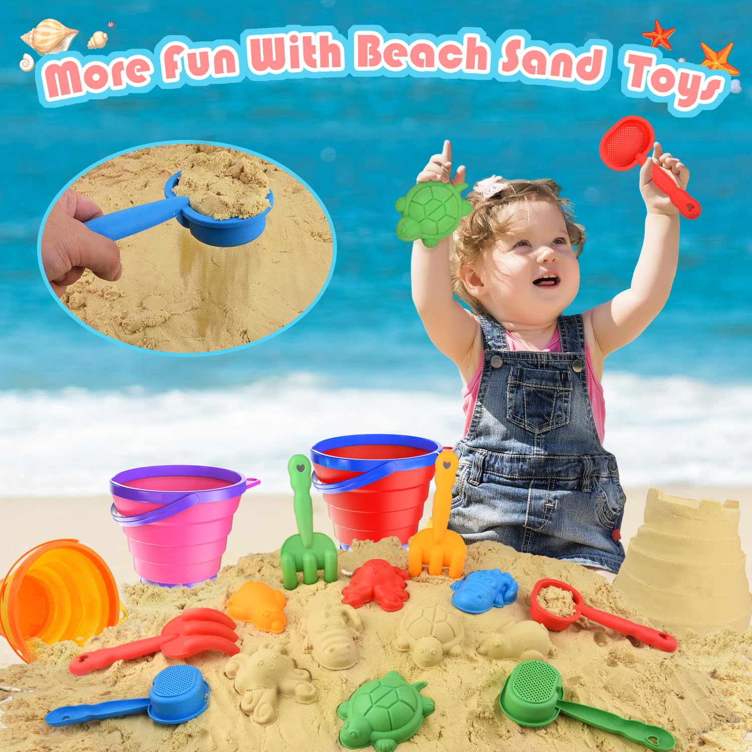 Set De 27 Jouets De Plage Pliables Pour Enfants - Seau, Pelles, Moules - Sac Filet Inclus