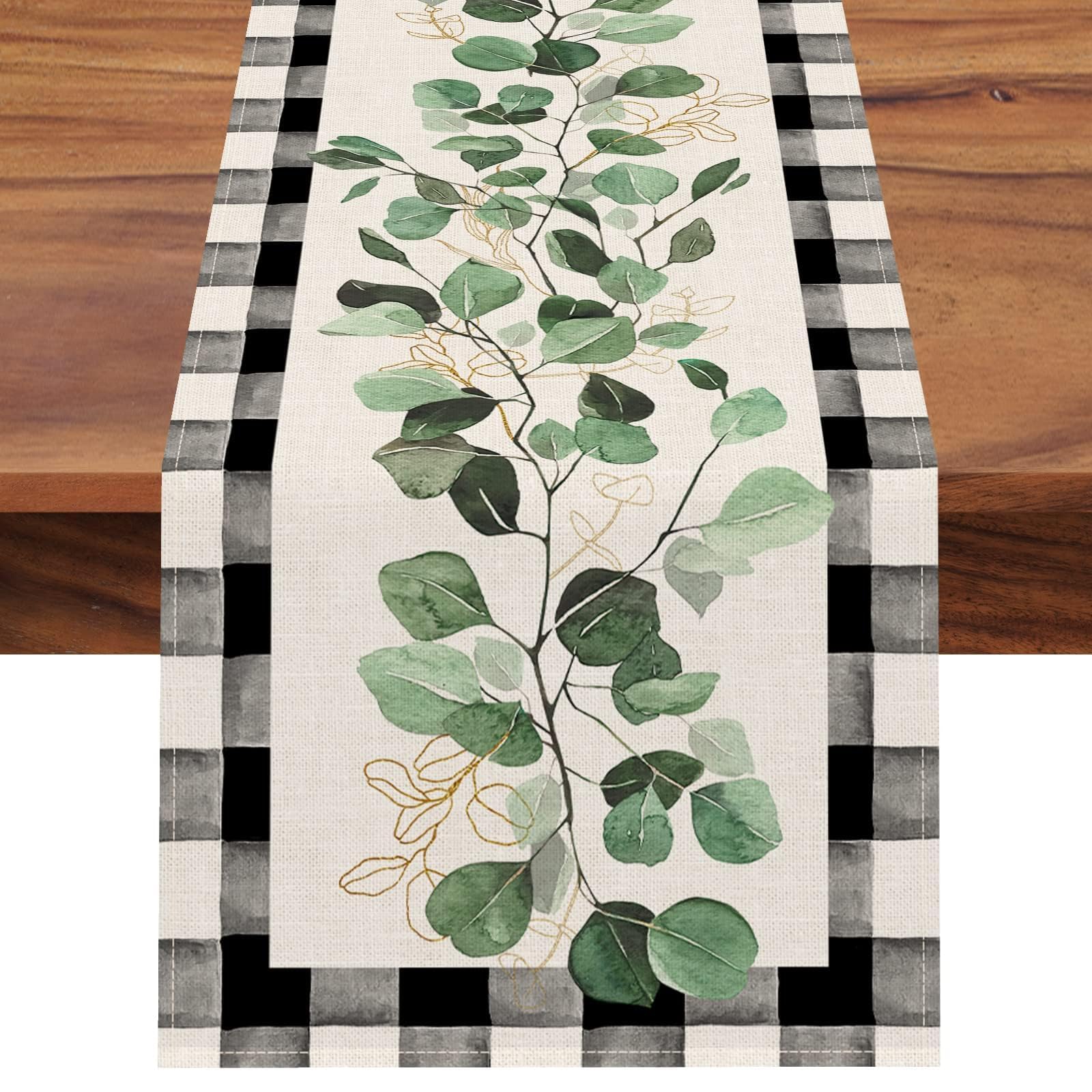 X Spring Green Plant Black White Buffalo Plaid Check Table Runner - Non-Slip Linen Decor for Dining, Kitchen, Home, Outdoor (13" Wide 72" Long)