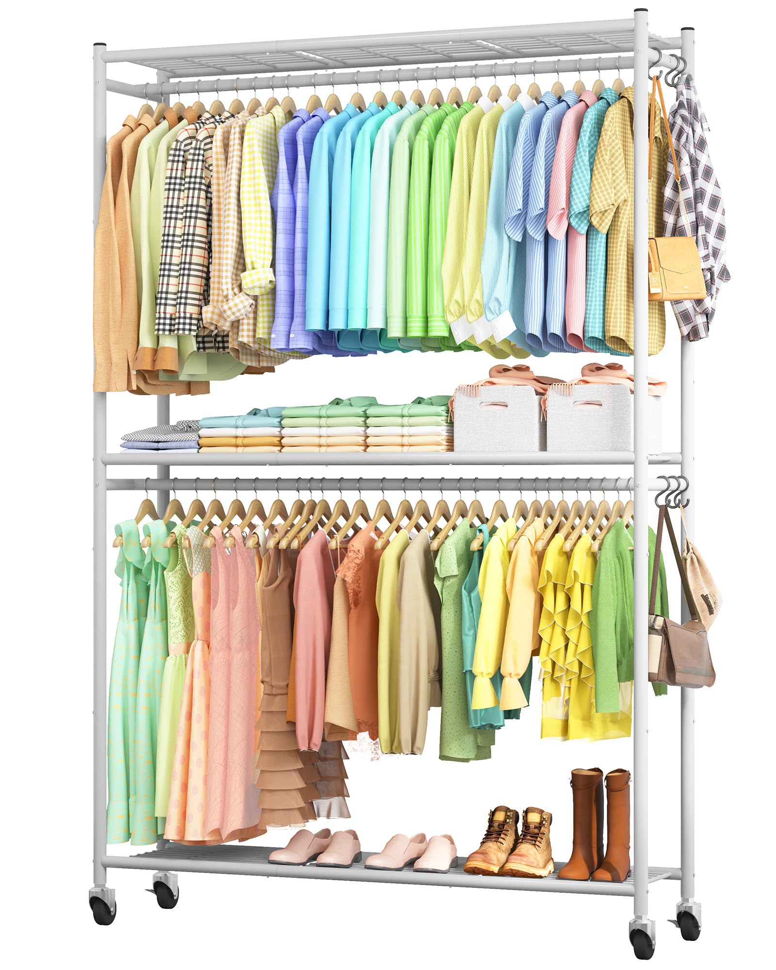 Sakugi Clothes Rack - 45.2" x 12.2" x 79.5" Clothing Rack with Shelves &amp; Wheels, Multi-Functional Wardrobe Closet with Hooks, Sturdy Metal Garment Rack for Bedroom, Laundry, Balcony (White)