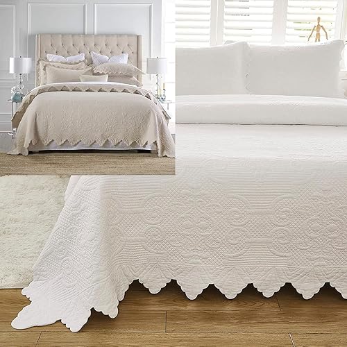 Brandream Juego de edredón blanco tamaño King, juego de edredón festoneado, juego de colcha de algodón acolchado