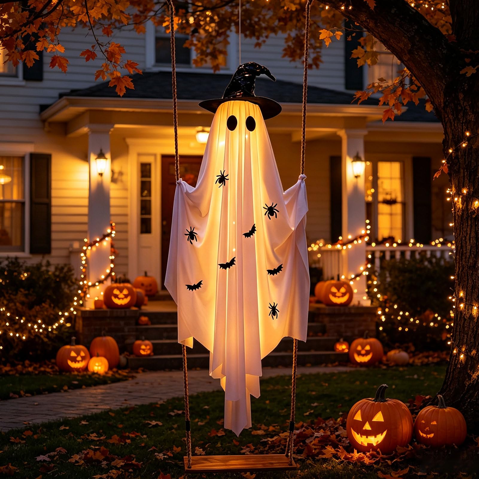 Halloween Deko Geist mit Kürbis Eimer,1.5M Halloween Deko Hängender Geister mit 8 Lichtmodi & Fernbedienung,Gespenster Halloweendeko,Gruselige Windsack für Außen Innen Garten Terrasse Party (D)
