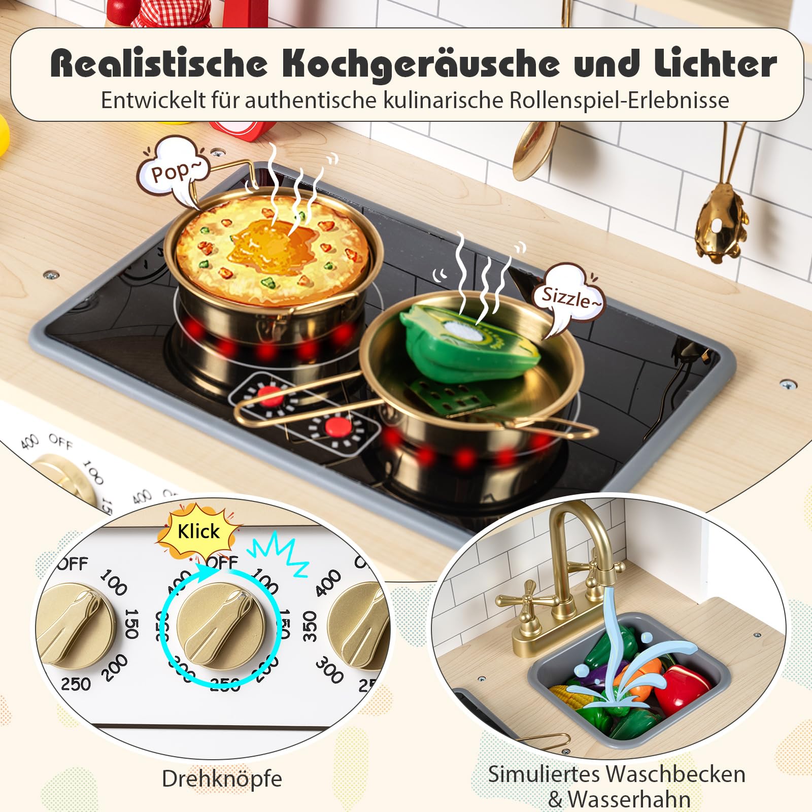 COSTWAY Kinderküche mit Licht & Sound, Spielküche Holz mit Herd, Spüle, Ofen, Eismaschine, Mikrowelle, Kaffeemaschine, Holzüche inkl. 14 Zubehör, Spielzeugküche für Kinder ab 3 Jahren (Weiß)