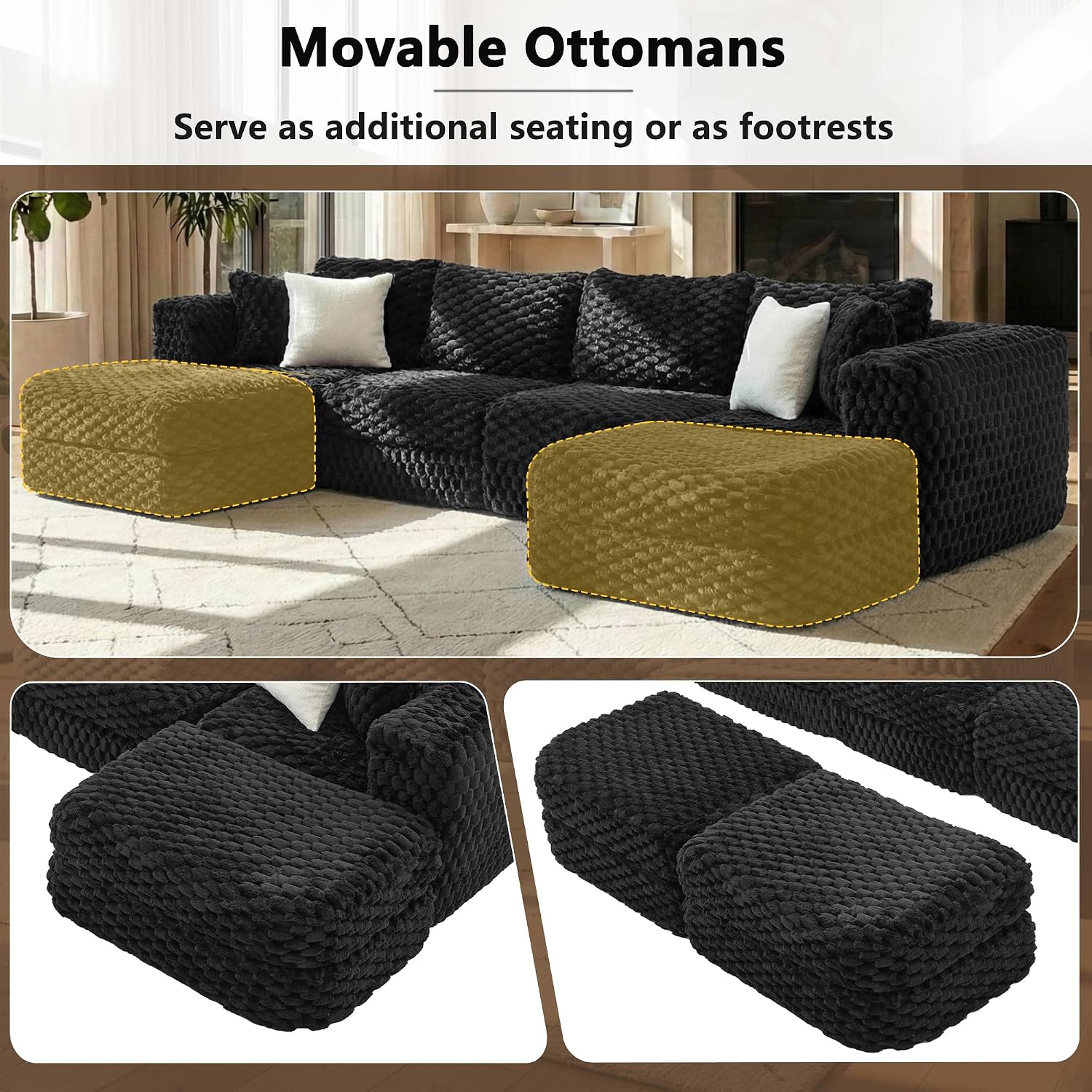 P PURLOVE Modular Sectional Sofa Boneless Sofa Couch with Two Movable Ottomans for Living Room (Black)