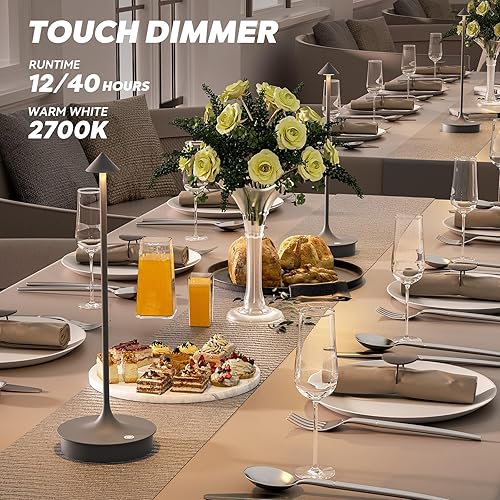 Miniatura 6 de Juego de 2 pequeñas lámparas de mesa inalámbricas recargables, lámpara de escritorio a pilas, lámpara táctil LED de 4000 mAh, regulable, portátil,