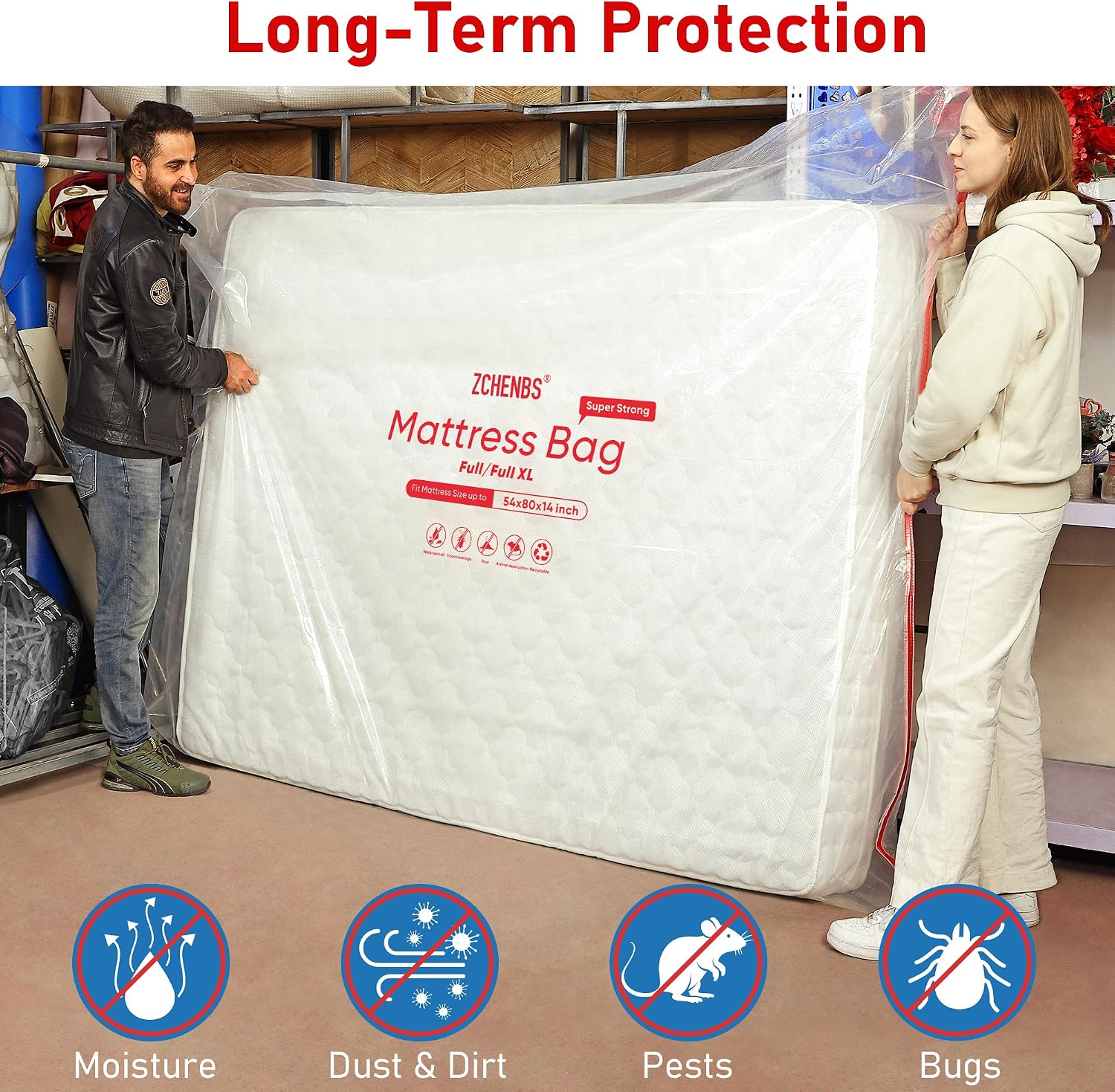 ® - Full/Full XL Mattress Bags for Moving, Waterproof Mattress Storage Bag with Zipper, Heavy-Duty 5 Mil Ultra-Thick Bed Protector Cover for Moving, Reusable (Transparent/Red, 1 Pack) thumbnail