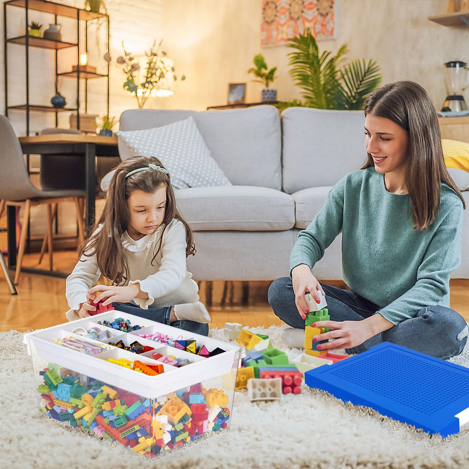 Greentainer Set de 3 Cajas de Almacenamiento de Juguetes con Tapa y Bandeja Extraíble, PP Apilable, Organizador para Bloques, Compatible con Ladrillos, para Habitación Infantil(Azul)