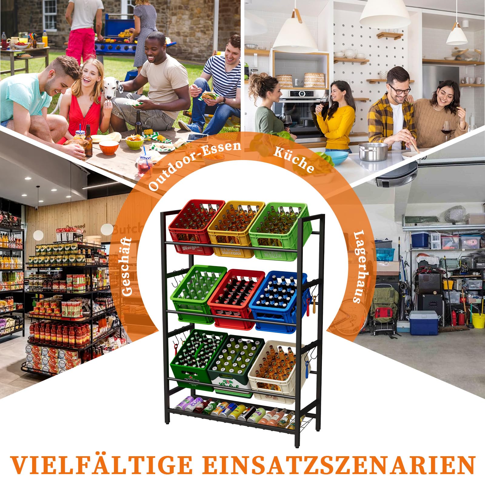 Getränkekistenregal mit Rollen für 9 Kisten – Metallregal mit Haken & Gitterablage – Getränkeregal mit Standfüßen für Küche, Keller oder Vorratsraum