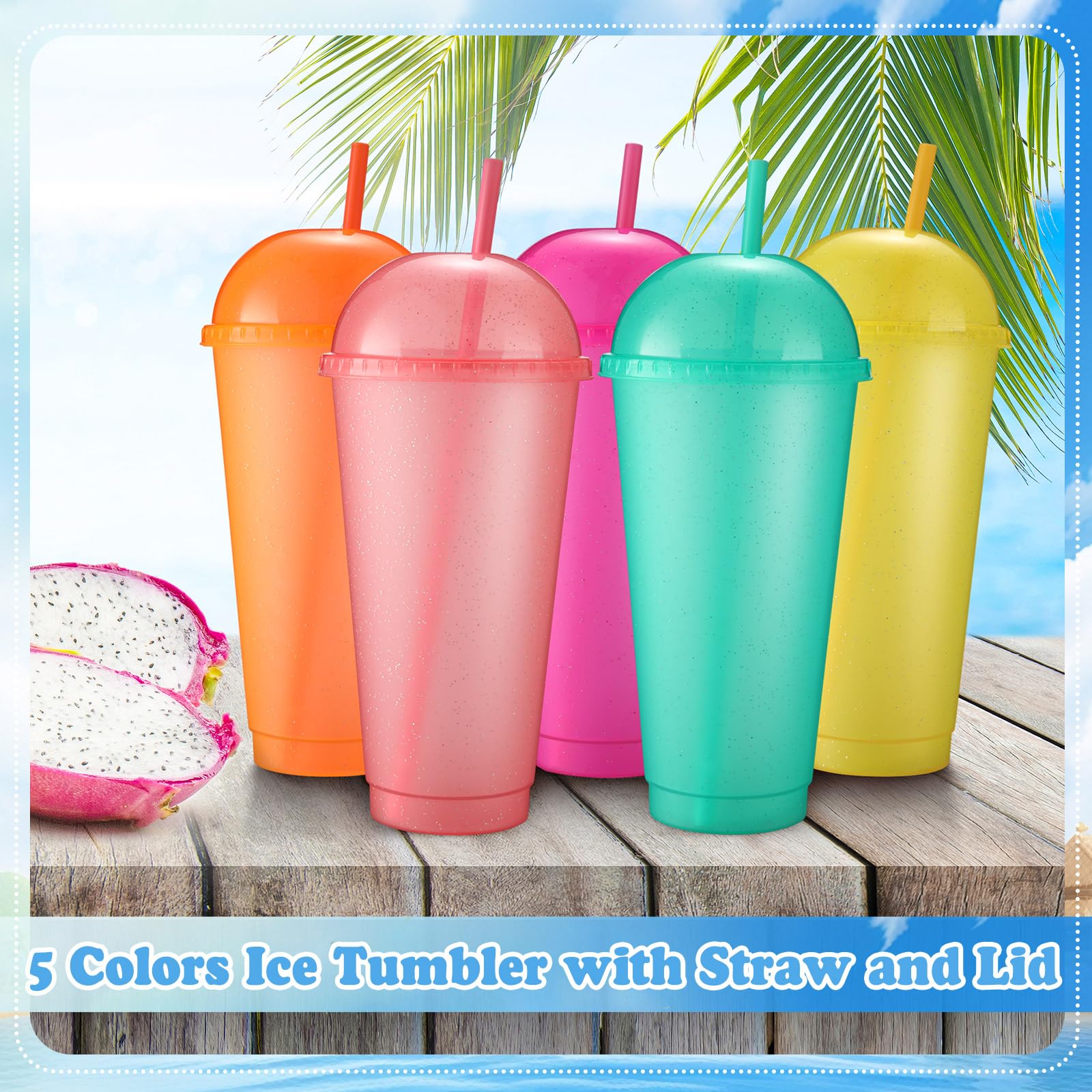 Hsei Lot de 24 gobelets en plastique glacé réutilisables à paillettes avec couvercles dômes et pailles de 700 ml – Gobelets à café glacé pour voyage, anniversaire, fête (couleur classique)