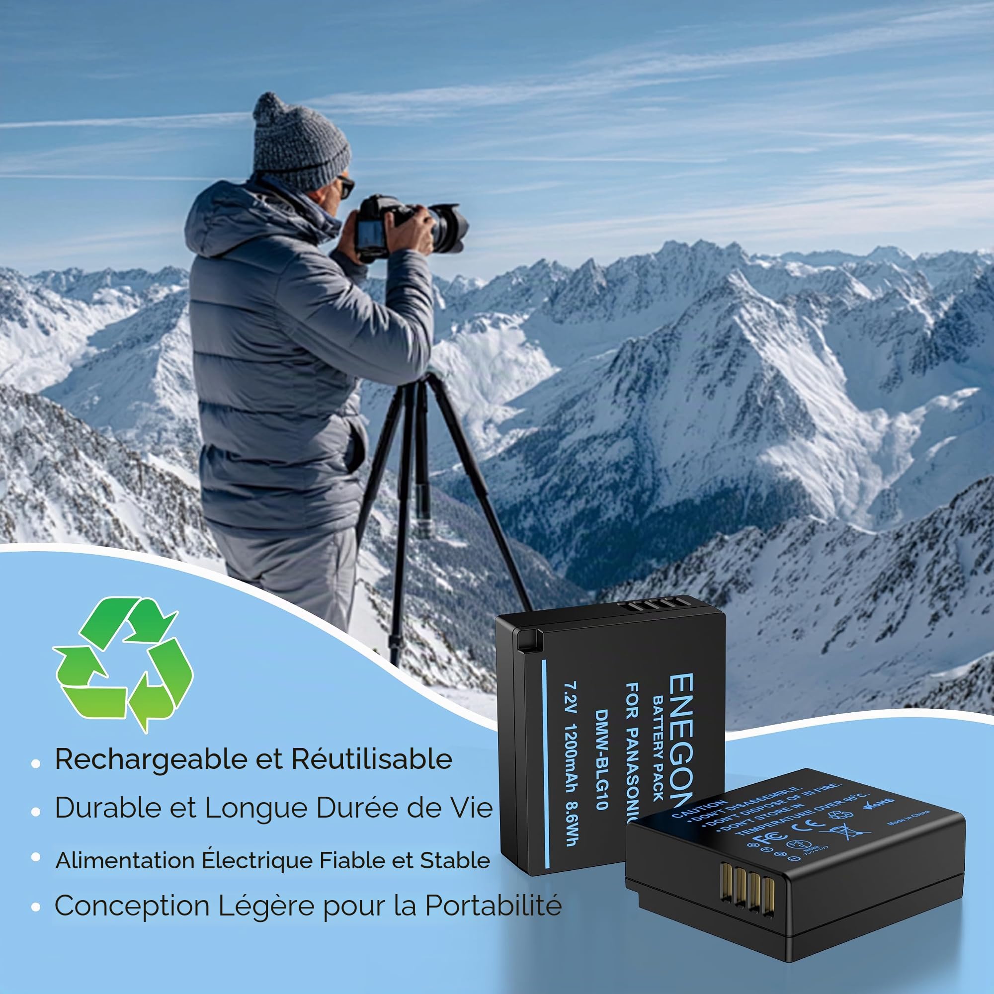 ENEGON DMW-BLE9 DMW-BLG10 Lot de 2 Batteries 1200mAh et Chargeur, Câble USB-C et écran LCD, pour Panasonic Lumix DC-LX100 II, TZ202, TZ101, TZ99, TZ91, TZ81, DMC-GX7, DMC-GX9, DMC-GX80, DMC-GX85