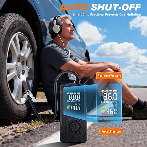 Miniatura 7 de Inflador de neumáticos P10, compresor de aire portátil, inflado rápido de 48 segundos, bomba de aire eléctrica de 150 PSI con medidor digital, funda