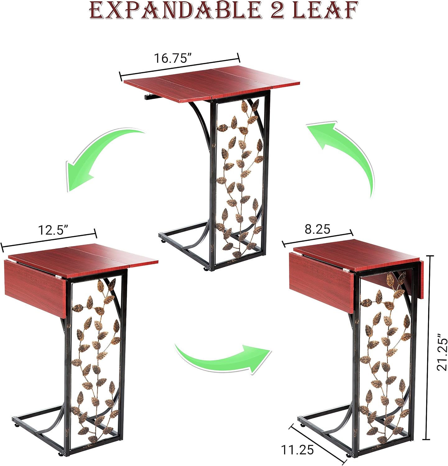 Etna Products Etna Sofa Side Perfect for Your Night Stand, Bedside, Couch, Living Room, TV Trays-Expandable 2 Metal and Dark Brown Wood Top with Leaf Design C Shaped Snack Narrow End Table
