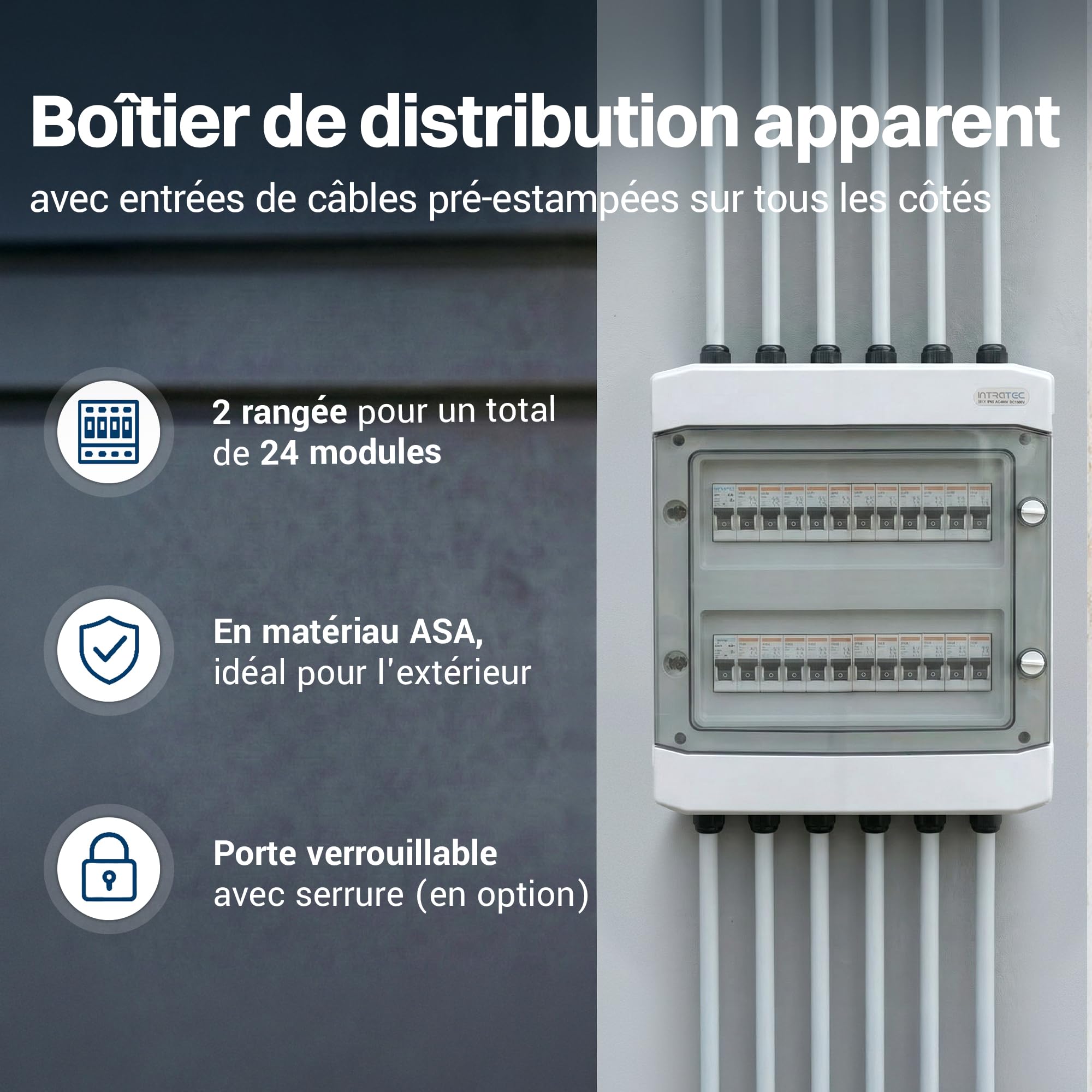 Intratec Coffret de Distribution en Saillie 2 Rangée IP65 – Coffret Électrique pour 24 Modules DIN – Enceinte Étanche Extérieur Garage Cave Jardin – 400VAC 1500VDC – 318 x 384 x 144 mm