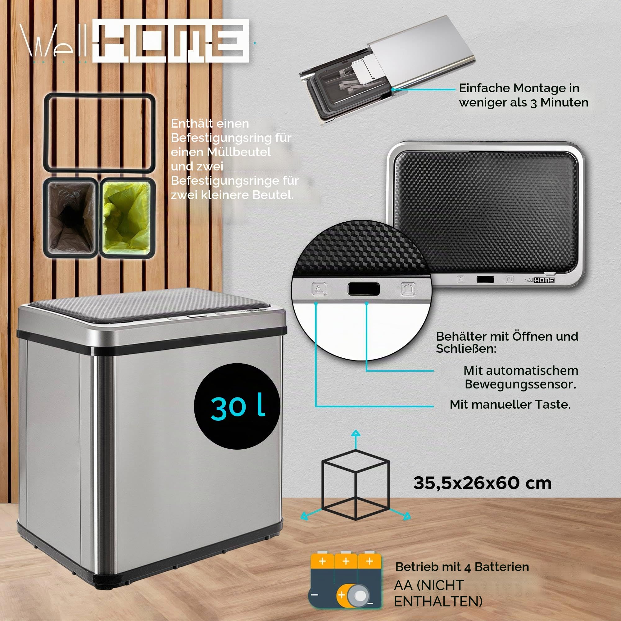 WELL HOME Intelligenter Mülleimer ohne Füße für Recycling, mit automatischer Öffnung und manuellem Kontakt, 15 l + 15 l, 35,5 x 26 x 60 cm, Grau