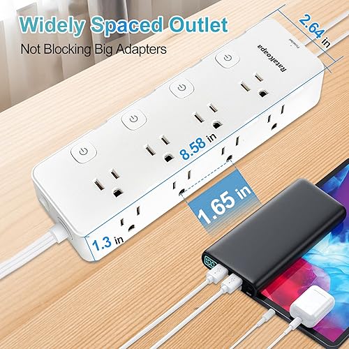 Miniatura 7 de Regleta protectora de sobretensiones de 15 pies, 8 salidas de CA, 4 USB (2 USB C), cable de extensión de enchufe plano con interruptores