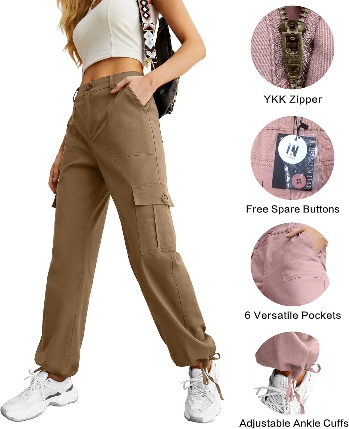 Lepunuo Women's High Waisted Cargo Pants Travel Y2K Streetwear Baggy Stretchy Pants with 6 Pockets Drawstring Ankle Cuffs - Image 3
