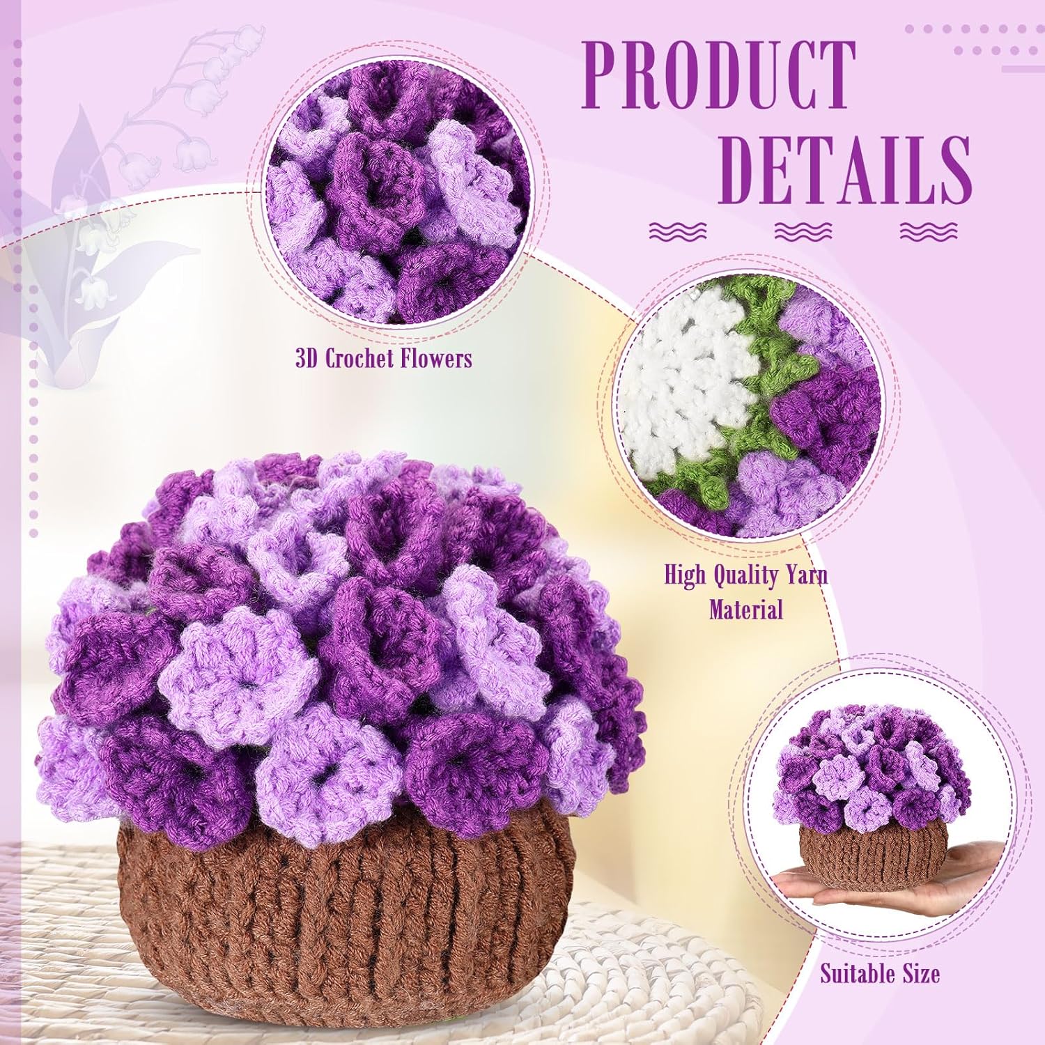 HunnmingRe 15 Pcs 3D Cute Crochet Flower Coasters Set, Spring Summer Floral Table Coasters with Plant Pot Holder, Soft Decorative Cup Mat, Housewarming Gift(Purple,Lily of The Valley​)