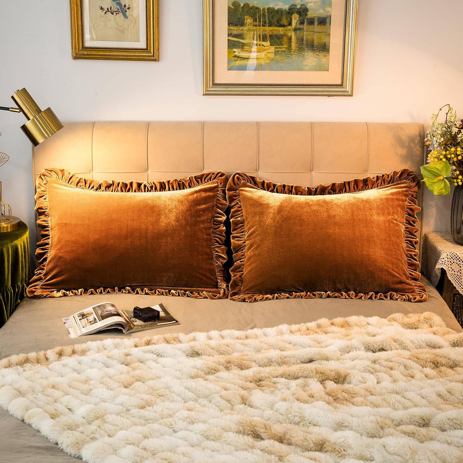 Velvet Pillow Shams Set of 2 Retro Ruffle Flounces Trim Soft Decorative Luxurious Solid Olive Green Farmhouse Vintage Pillow Cases for Bedroom Decor 20x26 Inch (Standard 20x26 inches, Golden Camel)