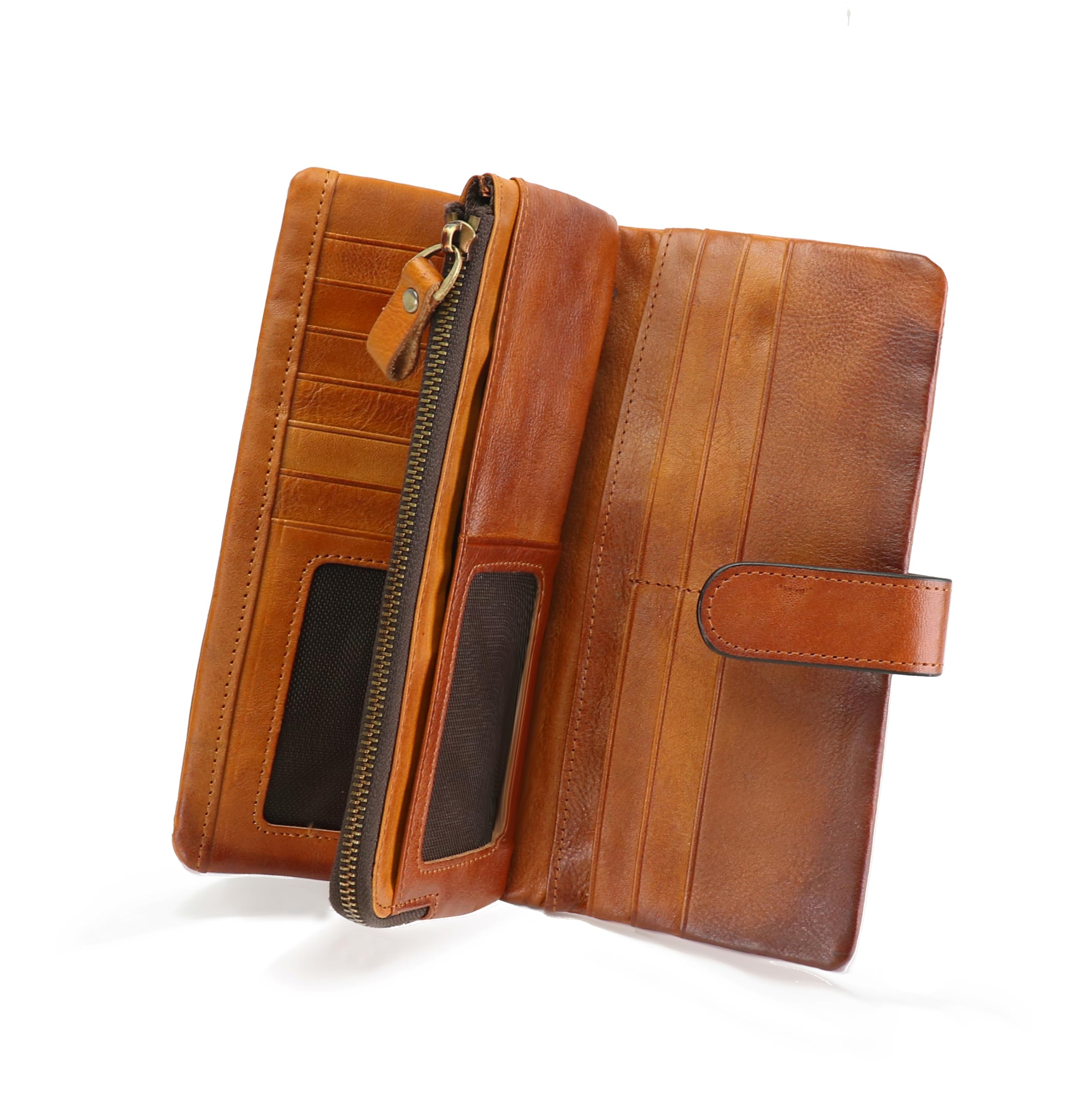 Women's RFID Blocking Genuine Leather Wallet Vintage Hand Rubbing Wallets Organizer, Brown, 7.68" (L) x 3.74"(W) x 0.98"(T), Leather Wallet