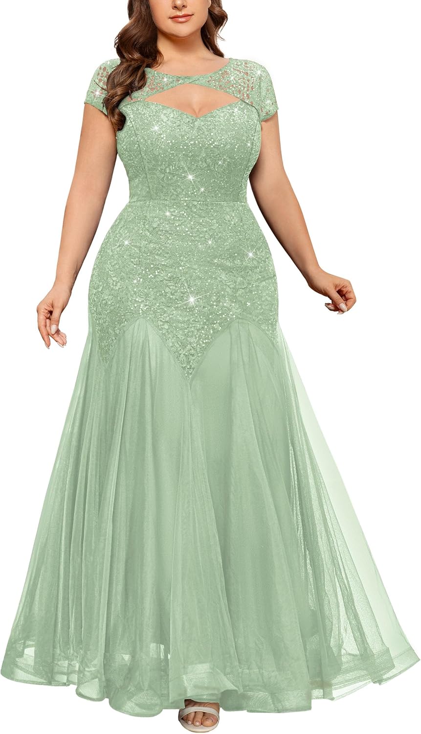 MISSMAY Women's Plus Size Sequin Lace Cut Out Tulle Mermaid Formal Bodycon Evening Maxi Dress