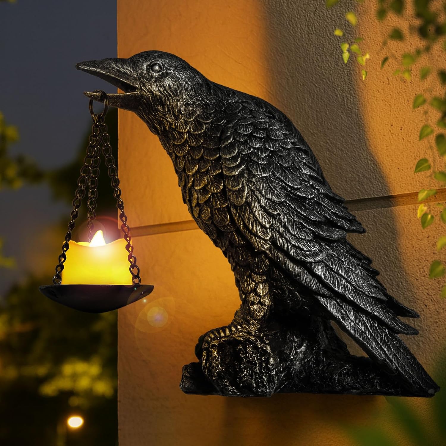Gothic Crow Wall Art Decor Outdoor Wall Sconce Raven lamp Table Candle Holder Halloween Wall Decor for Patio Garden Bedroom Resin Tealight Statue Half Silver