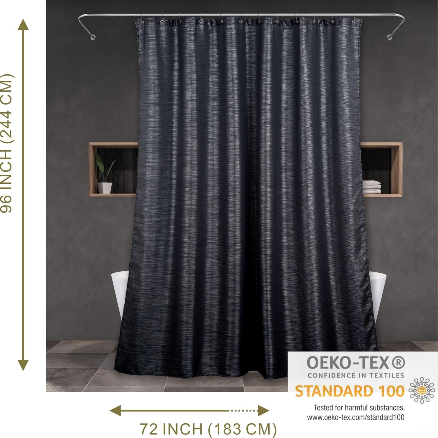 Black Long Sparkly Shower Curtain: 96 Inch Extra Tall Silver Metallic Shimmery Bling Shiny Textured Fabric Decorative Shower Curtains for Bathroom - Glam Fancy Luxury Modern Chic Design - 72x96