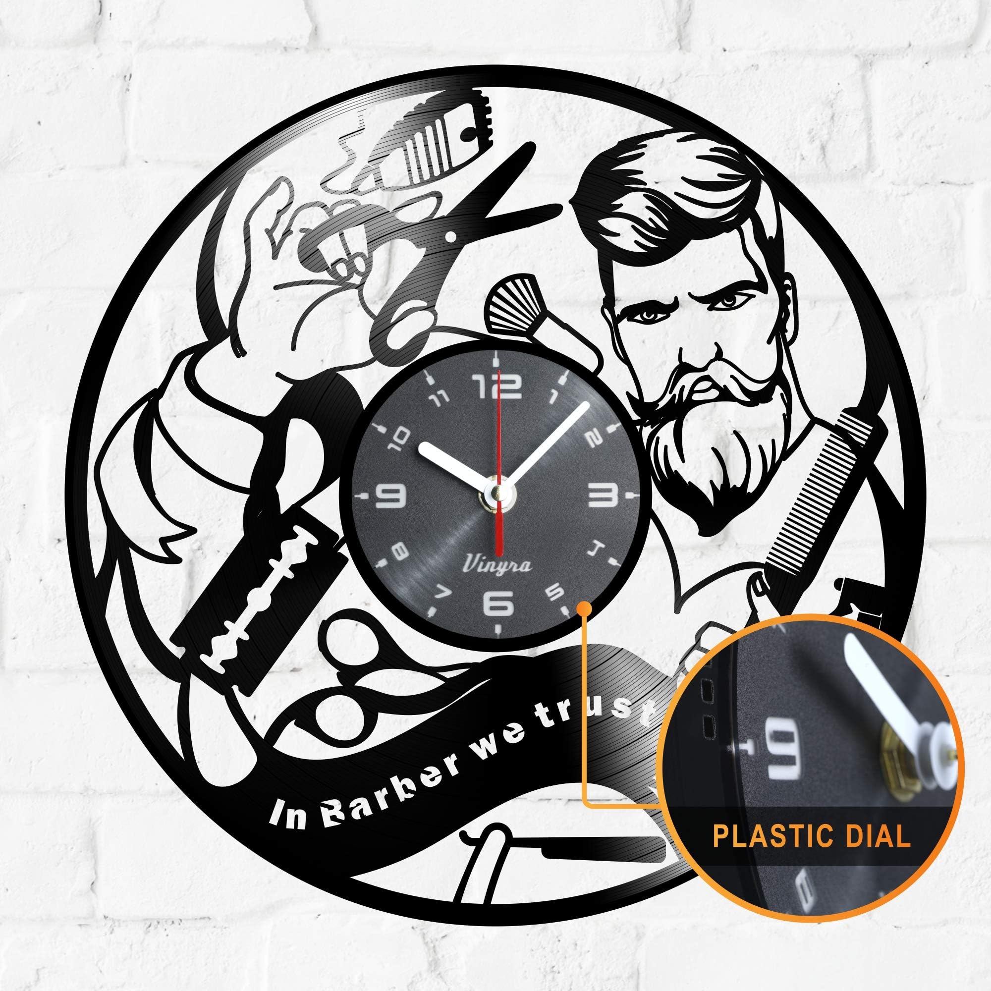 Barber Shop Design Vinyl Wall Clock Hipster Decor Hairdresser Hair Salon Scissors Vinyl Clock Decor Art Vinyl Record Clock Decorations Decor Wall Decal Art Poster Equipment in Barber we Trust Black