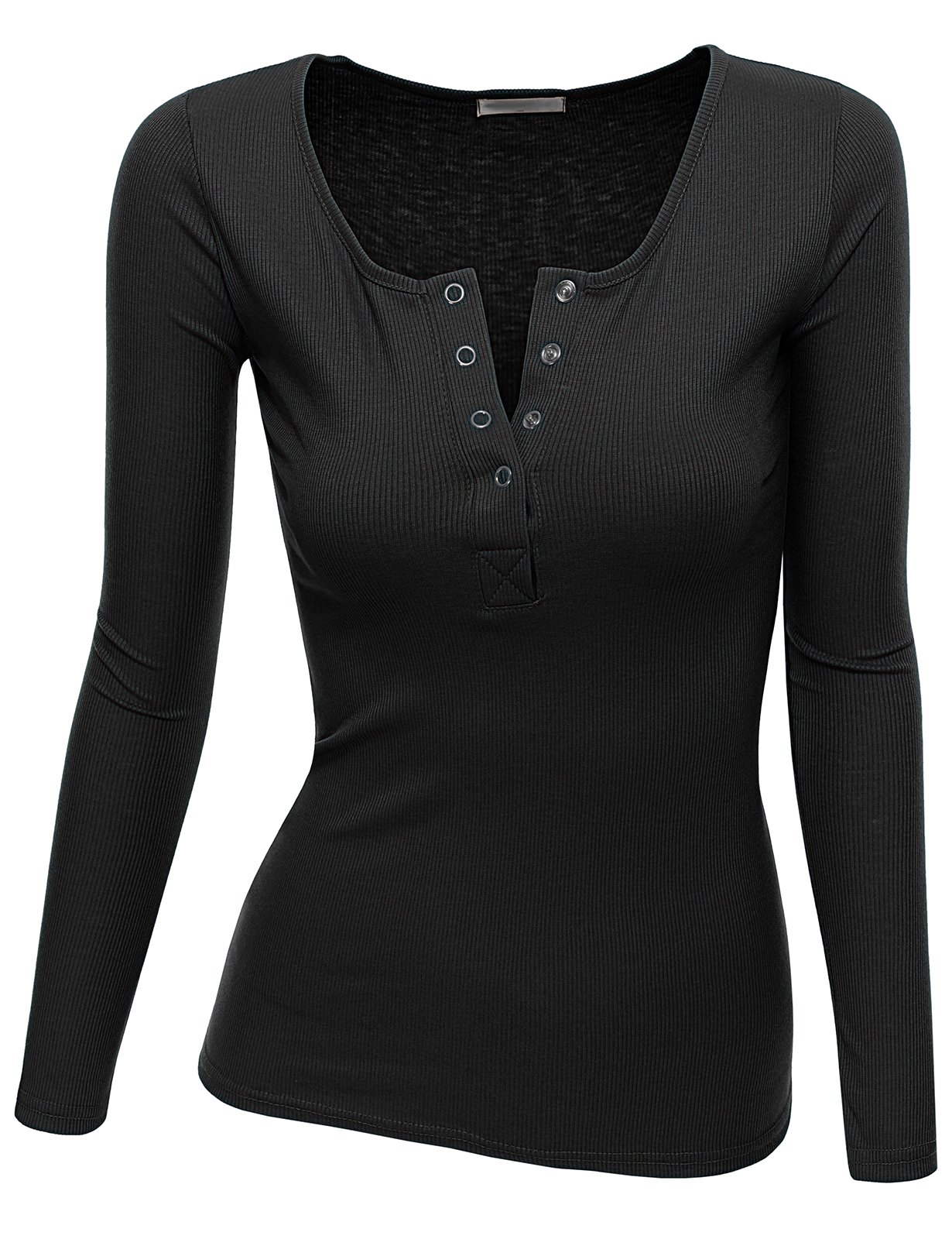 Doublju Women Basic Slim Fit Crew Henley Neck Long Sleeve Top BLACK,XL