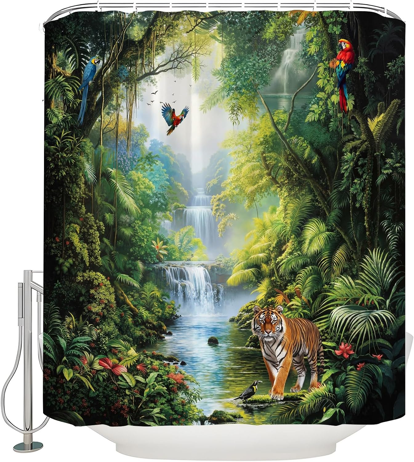 Tropical Rainforest Shower Curtain Wild Animal Tiger Green Forest Jungle Floral Plant Wildlife Nature Scenery Summer Bathroom Curtains Decor with Hooks