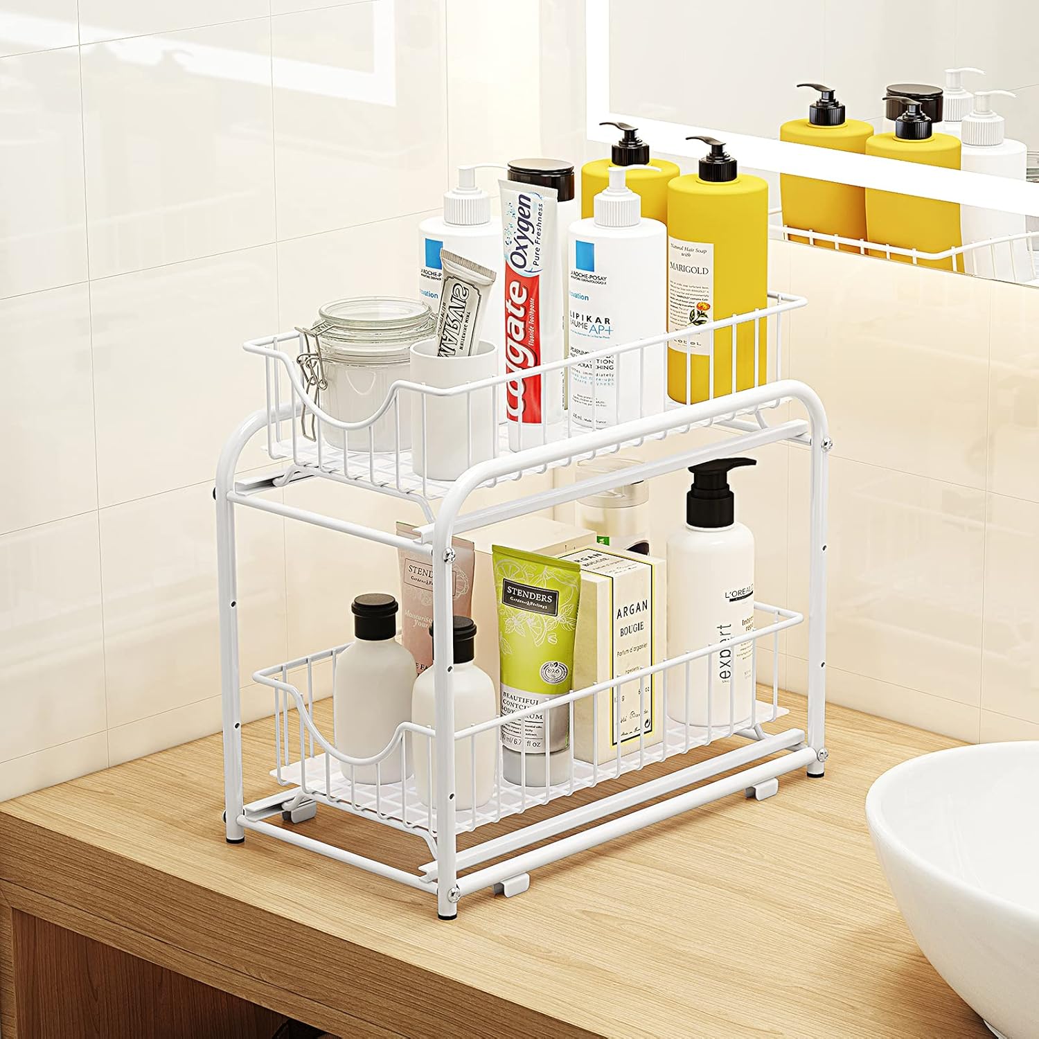 AIYAKA 2 Tier Stackable Sliding Basket Organizer Drawer For Kitchen And Bathroom/Cabinet Drawers,White - Image 4