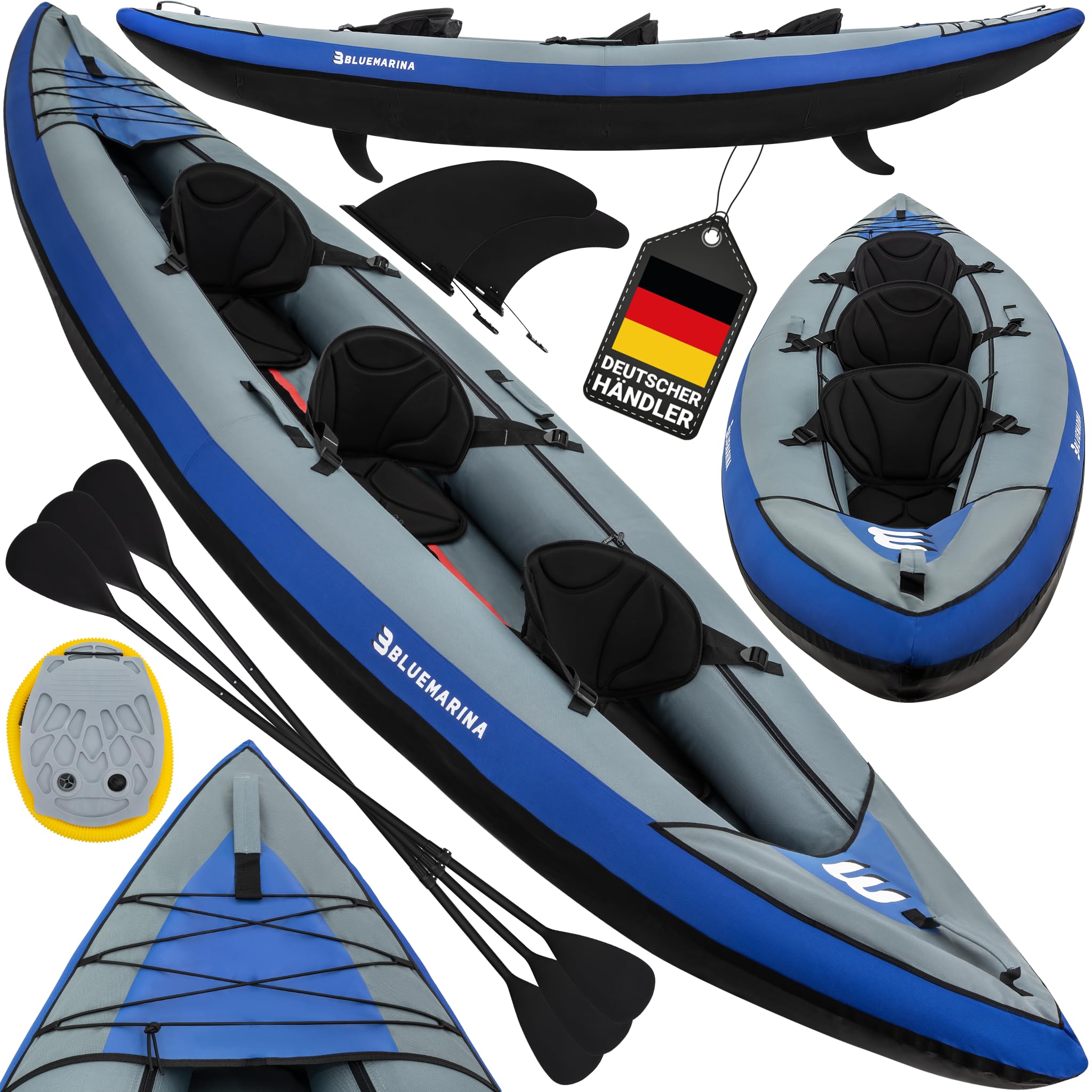 Bluemarina Kajak aufblasbar Samoa | Kanu für 1 oder 3 Personen - Luftkajak mit Paddel - Pumpe - Tasche - Aufblasbares Paddelboot - Kajaks Zubehör - Schlauchboot - Angelkajak - Wasserboot