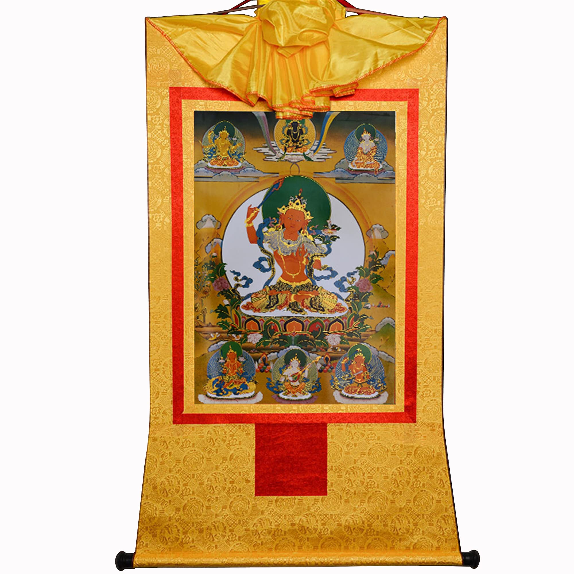 Gandhanra Tibetan Buddhist Thangka Wall Hanging,The Five Manjushri Buddhas Thangka,Hot Stamped Brocade Buddhist Tapestry for Zen Home Decor, Meditation, Spiritual Relaxation โ image 1