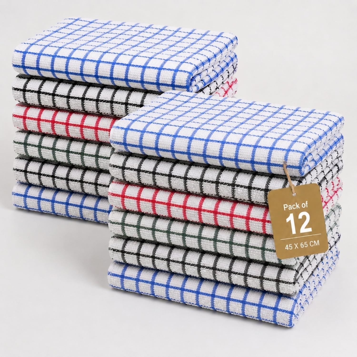 Gift Hub Kitchen Tea Towels Set, 100% Cotton Terry Cleaning Cloths | Highly Absorbent Small Check Towels for Drying Dishes & Glassware, Home Essentials | 45 x 65 cm, Assorted Colors - Pack of 12