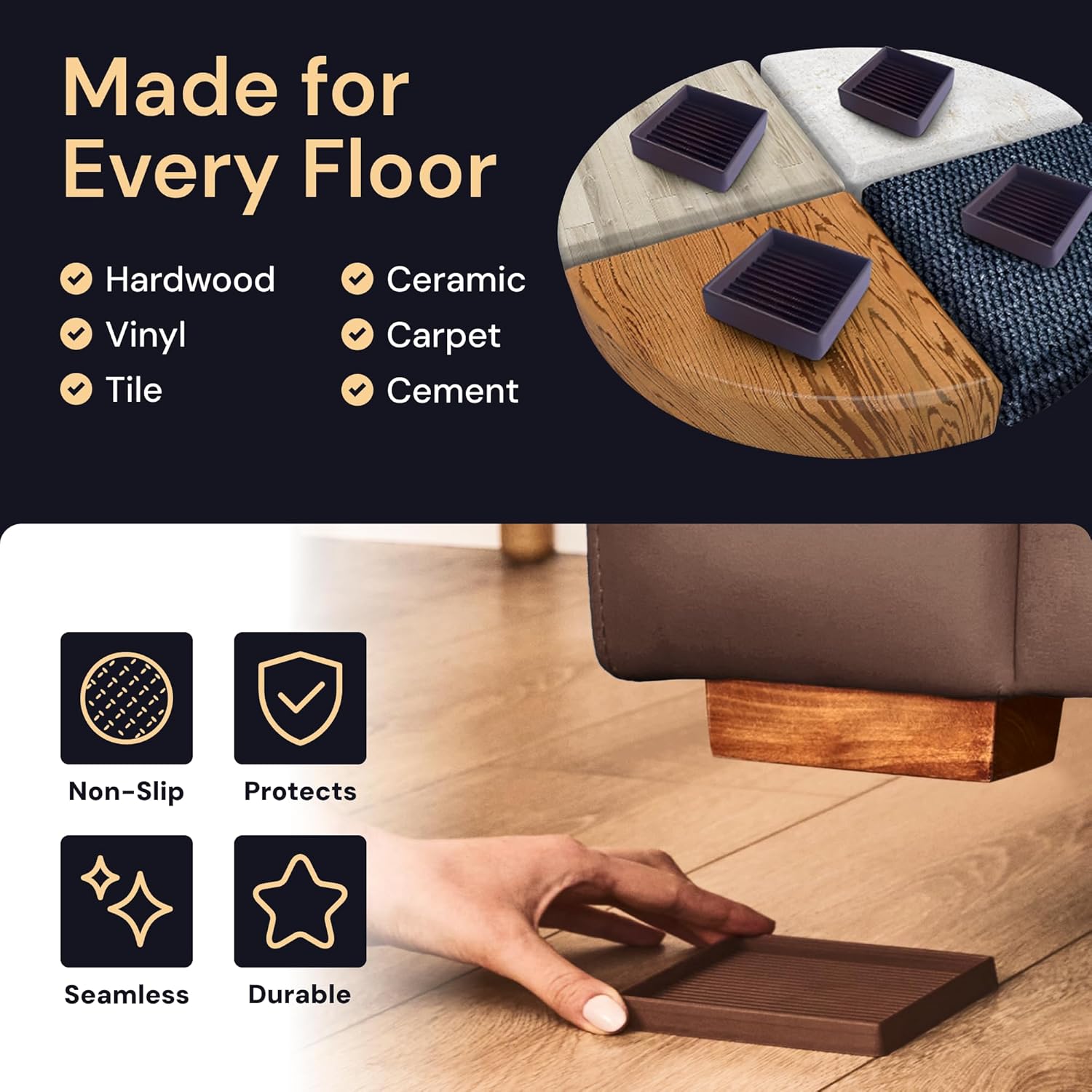 CasterMaster Non-Slip Furniture Pads for Hardwood Floors - 4 x 4 Brown Pack of 4 - Anti-Skid Rubber Caster Cups - Table Leg Protectors & Rubber Feet for Chairs