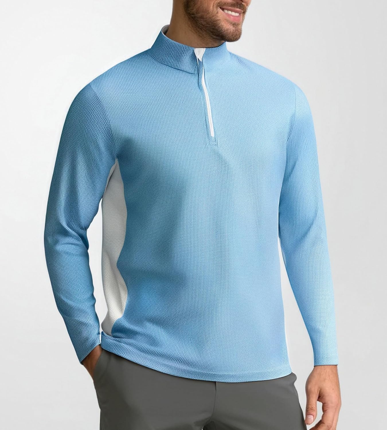 Alex Vando Mens Long Sleeve Zipper Golf Shirts Color Block Texture Polo Shirt for Men - Image 2