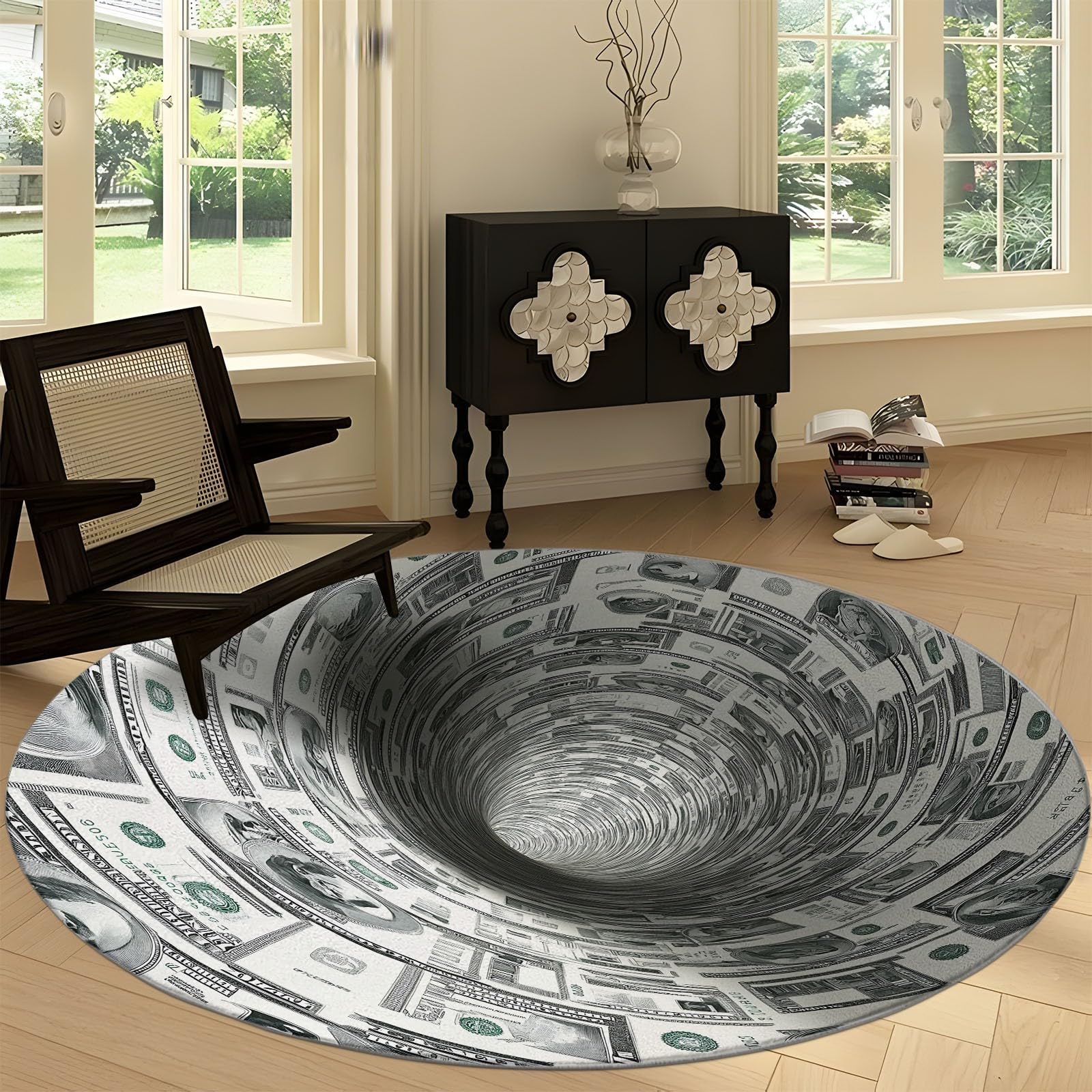 Generisch Rund Teppich Wohnzimmer Dollar-Banknote, 3D-Tunnel 200 cm Rund Teppich- Küche Jugendzimmer Esszimmer Flur und Schlafzimmer Rund Teppich Kurzflor Rund Teppich Extra Weich Pflegeleicht