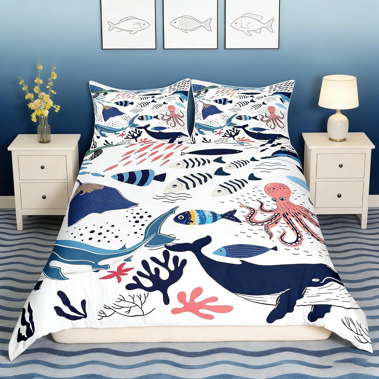 Manfei Sea Animal Duvet Cover Set Twin Size Shark Fish Turtle Whale Octopus Comforter Cover Marine Life Bedding Set 2pcs for Kids Boys Teens, Ocean Theme Bedspread Cover with 1 Pillowcase,No Comforter
