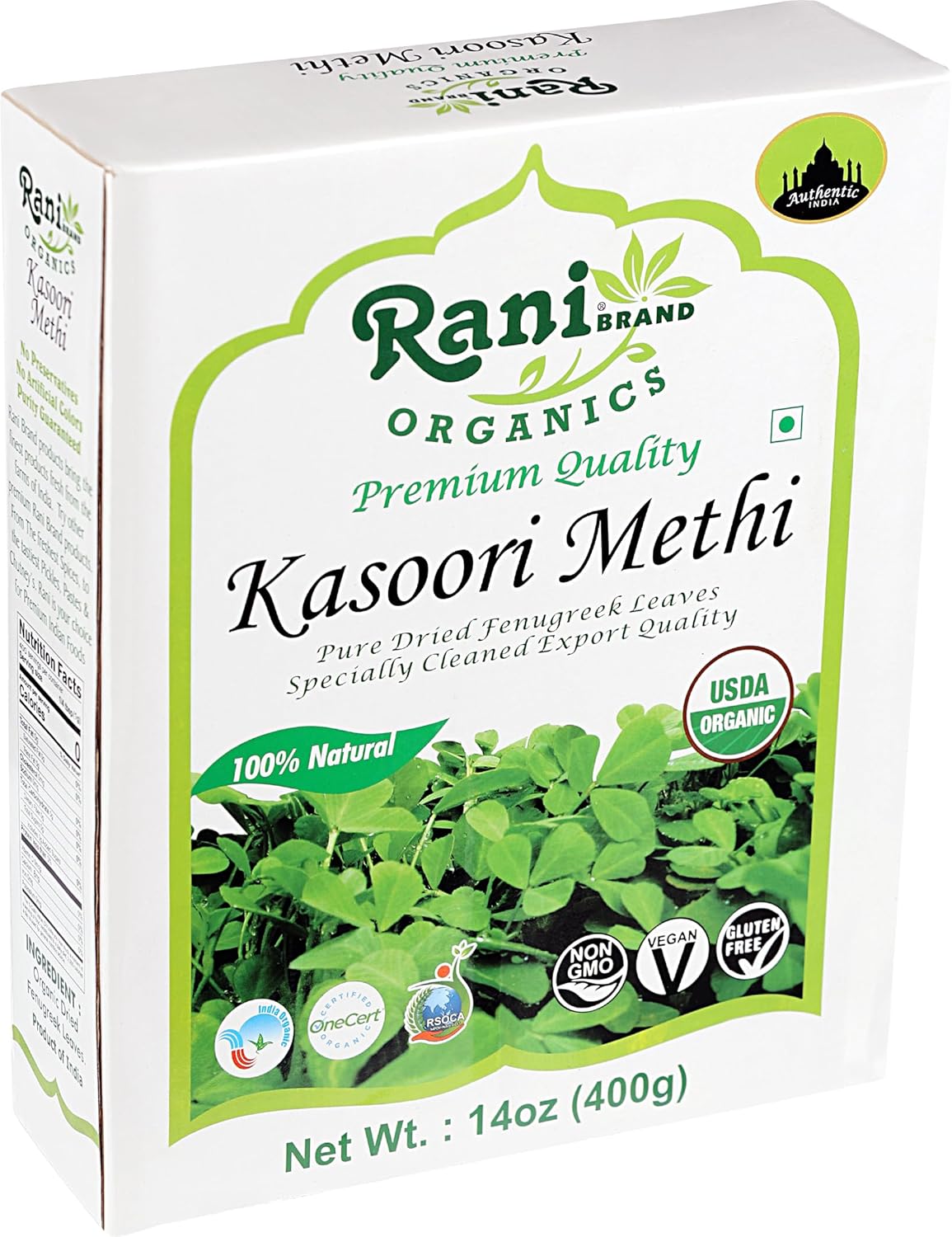 Rani Organic Fenugreek Leaves Dried (Kasoori Methi) 14oz (400g) ~ All Natural | Vegan | Gluten Friendly | NON-GMO | Kosher | Indian Origin | USDA Certified Organic