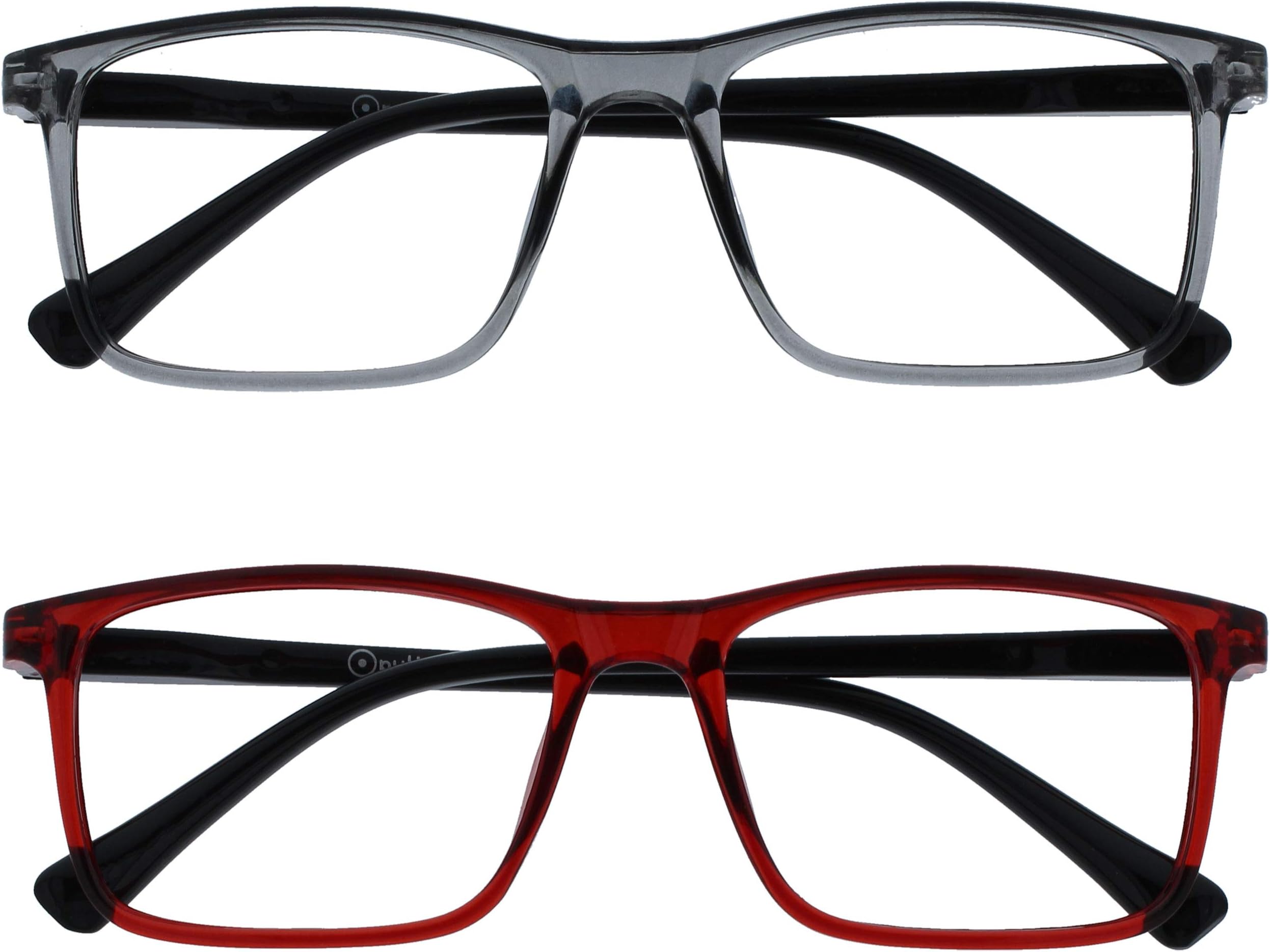 OPULIZE INK Reading Glasses - Value 2 Pack - Large Rectangular Frame - Spring Hinges - Scratch Resistant - Grey Red - Mens Womens +1.00